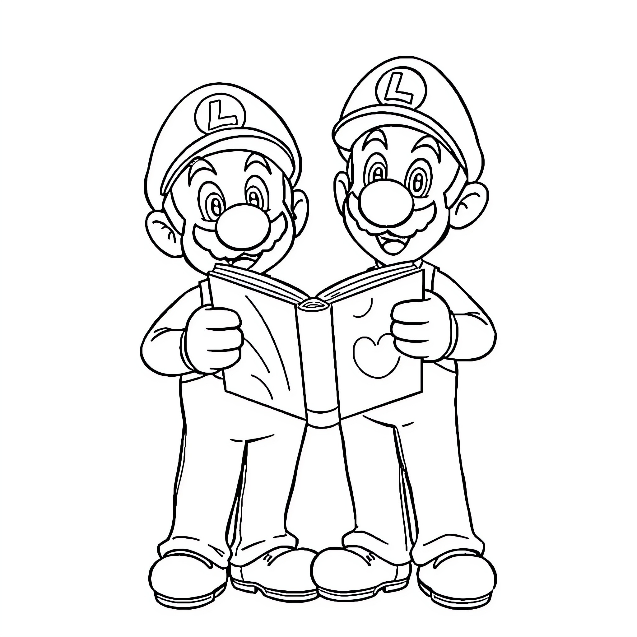 Mario Brothers reading a book together Coloring Page (free black-and-white line drawing printable PDF for all, from beginners to advanced learners, including children, teens, adults, and seniors)