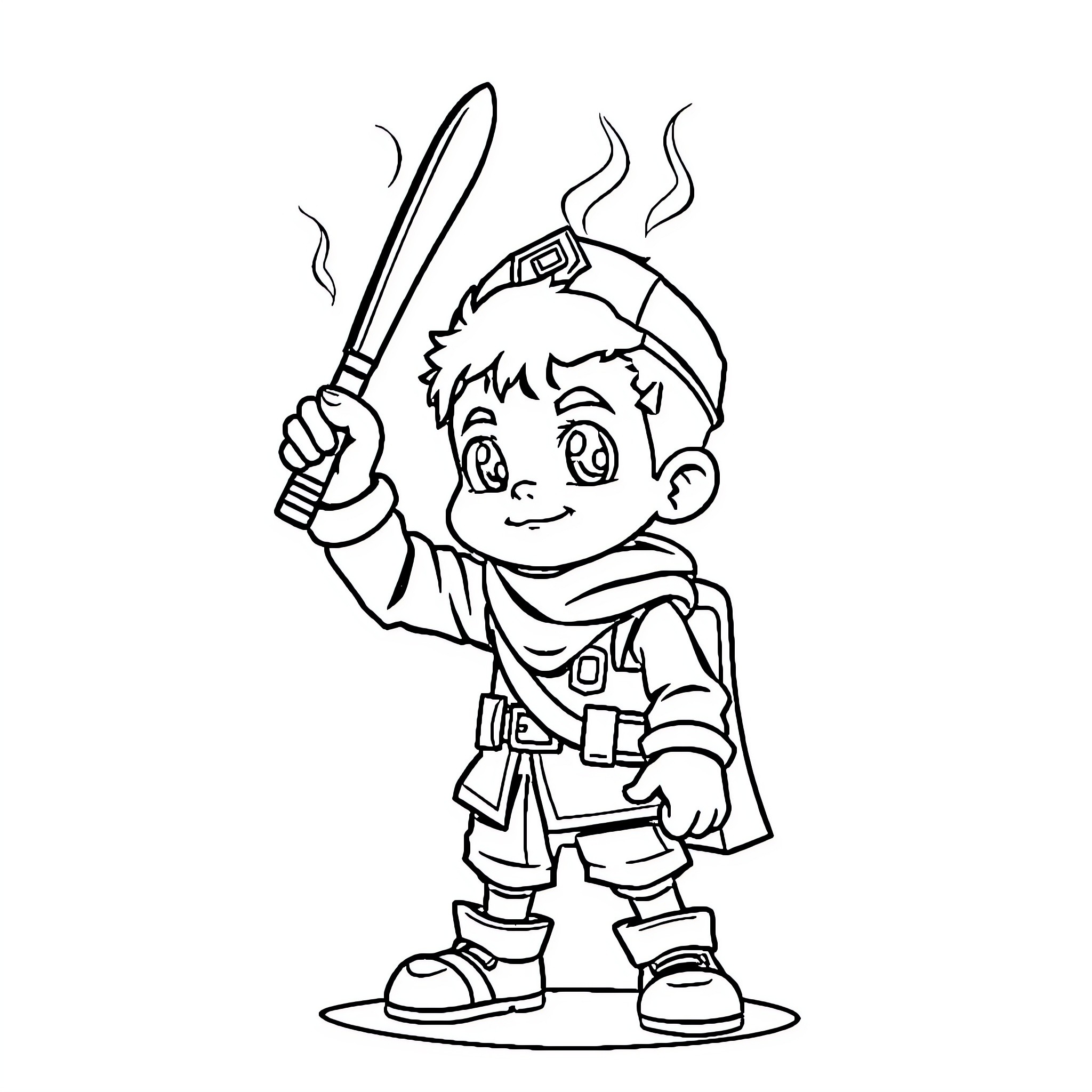 Character holding a smoking hot sword Coloring Page (free black-and-white line drawing printable PDF for all, from beginners to advanced learners, including children, teens, adults, and seniors)