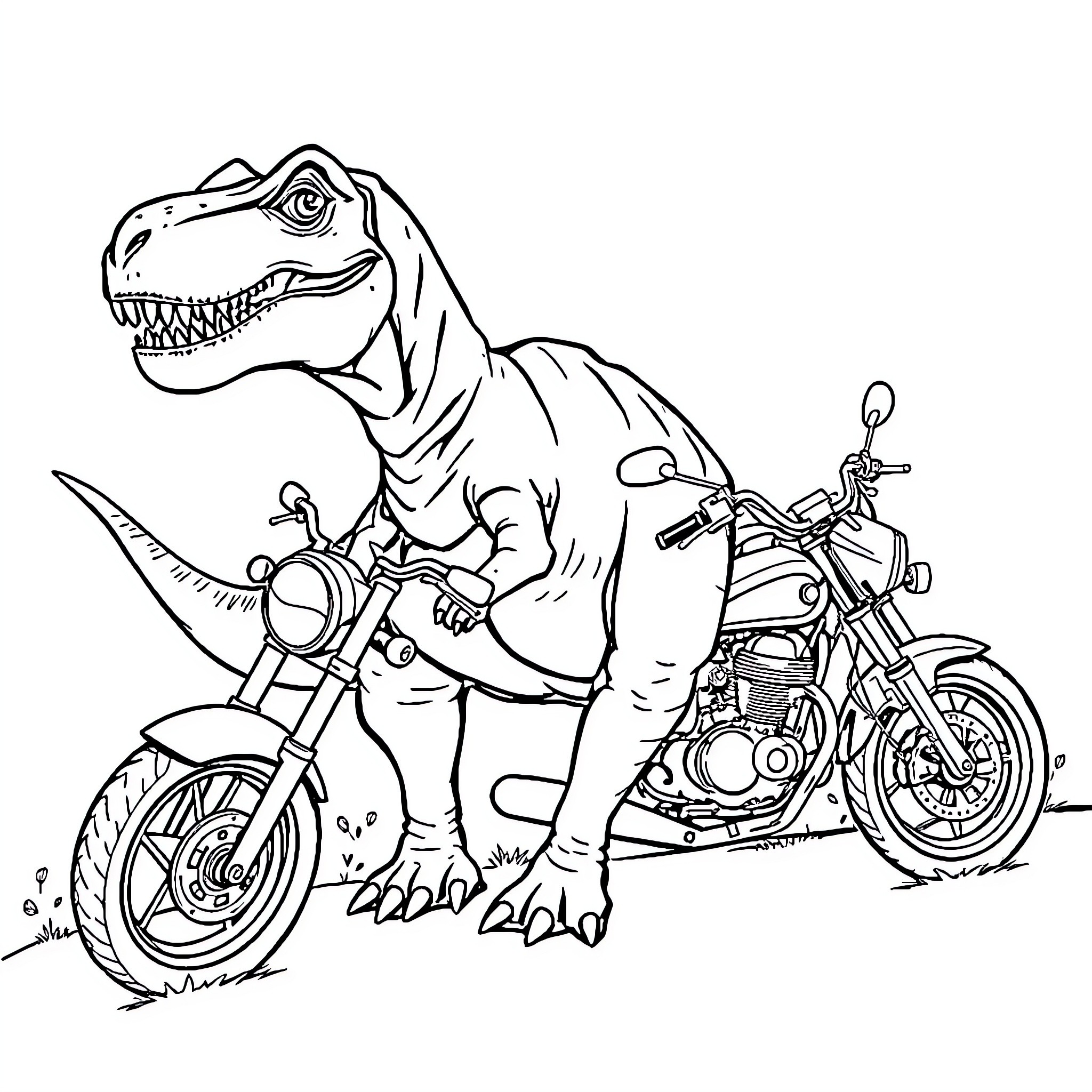 Dinosaur riding a motorcycle in the city Coloring Page (free black-and-white line drawing printable PDF for all, from beginners to advanced learners, including children, teens, adults, and seniors)