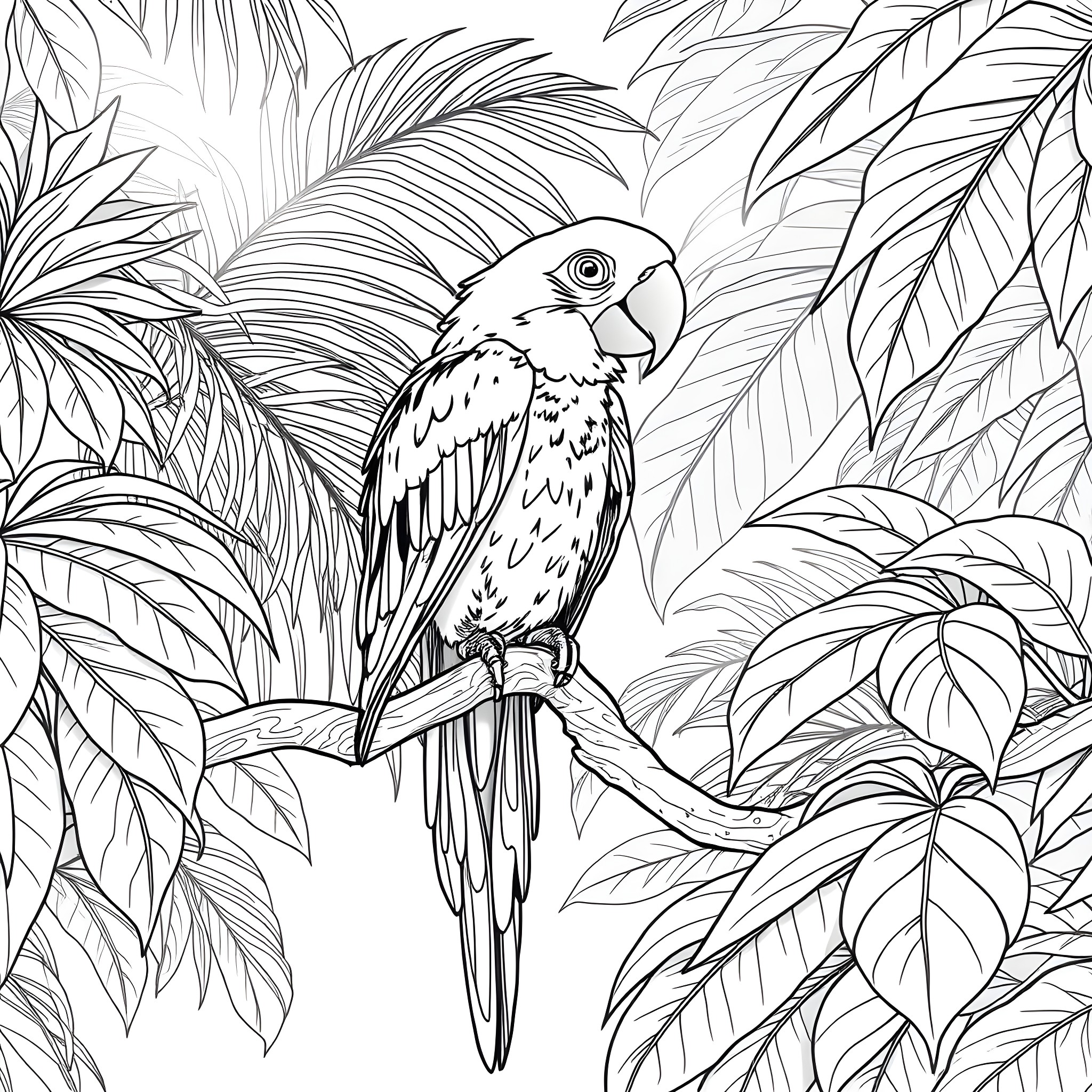 Parrot perched amidst lush tropical foliage Coloring Page (free black-and-white line drawing printable PDF for all, from beginners to advanced learners, including children, teens, adults, and seniors)