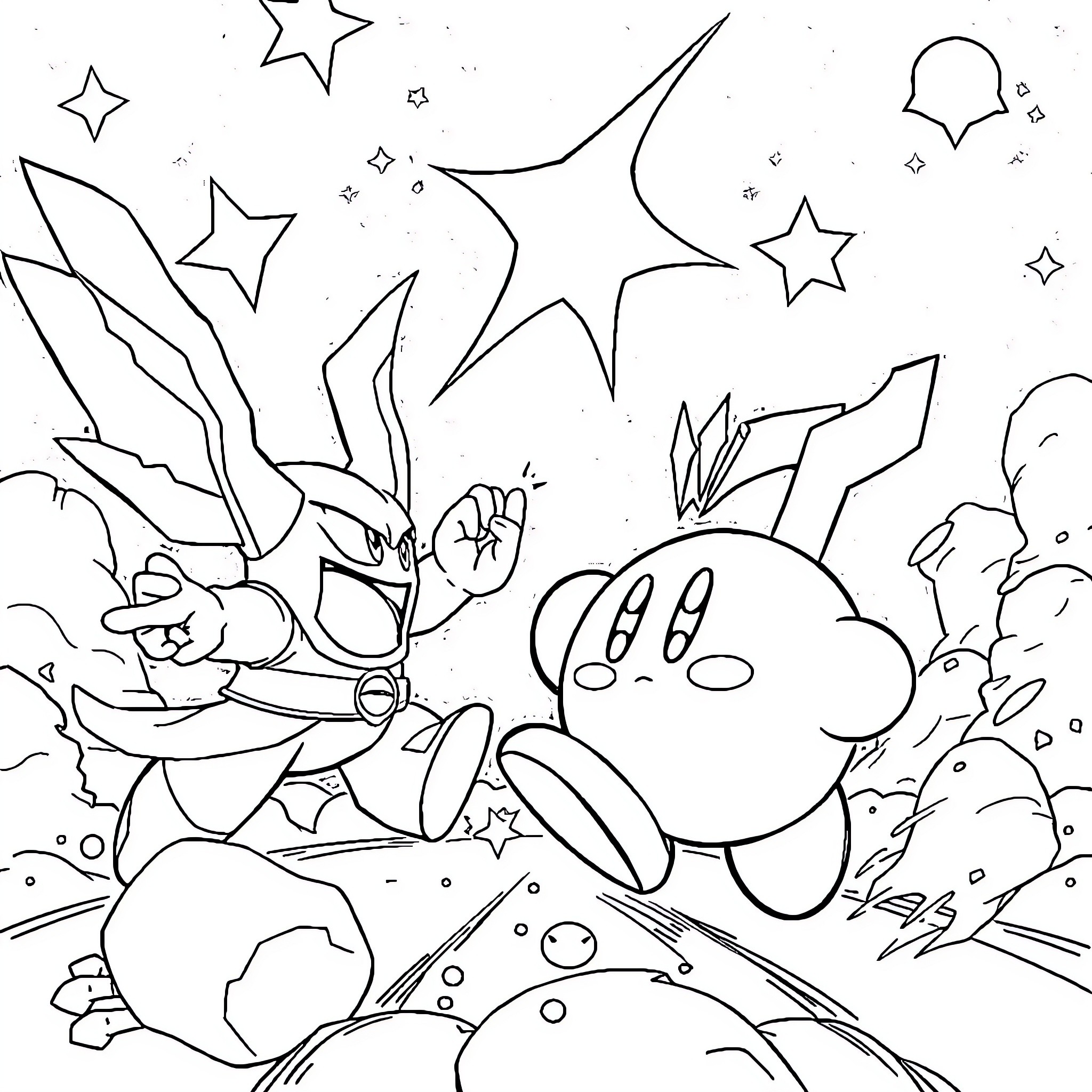 Kirby's Adventurous Escapades Amidst the Starry Sky Coloring Page (free black-and-white line drawing printable PDF for all, from beginners to advanced learners, including children, teens, adults, and seniors)