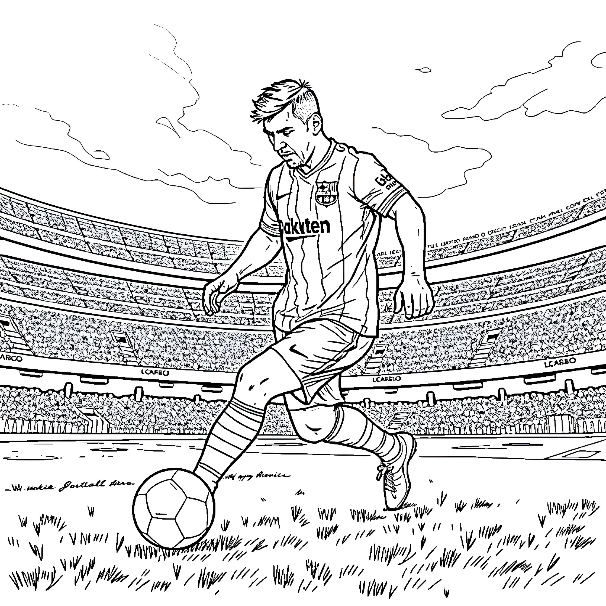 Messi dribbling on the football field Coloring Page (free black-and-white line drawing printable PDF for all, from beginners to advanced learners, including children, teens, adults, and seniors)
