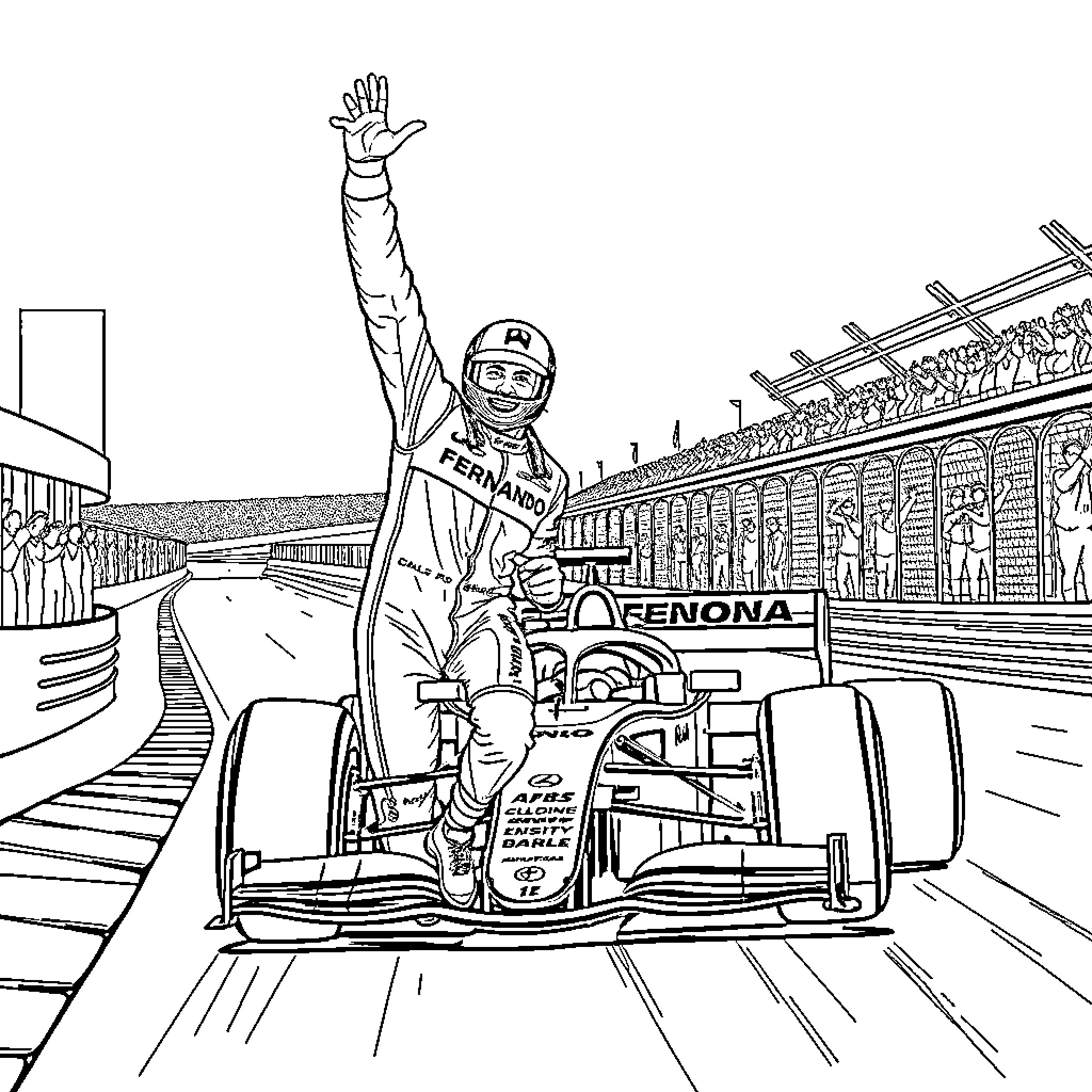 Fernando Alonso celebrating his victory on the racetrack Coloring Page (free black-and-white line drawing printable PDF for all, from beginners to advanced learners, including children, teens, adults, and seniors)