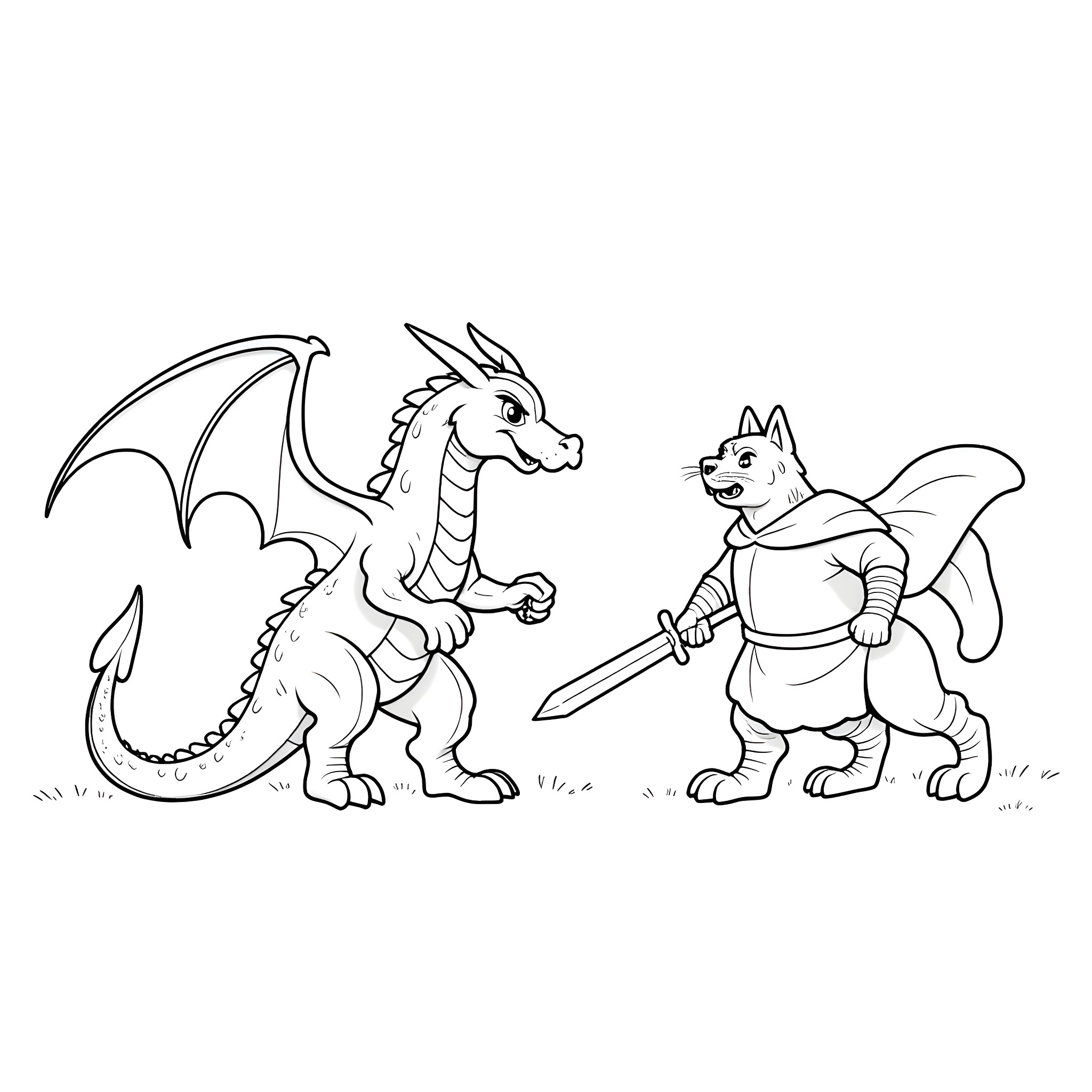 Dragon and wolf characters in combat stance Coloring Page (free black-and-white line drawing printable PDF for all, from beginners to advanced learners, including children, teens, adults, and seniors)