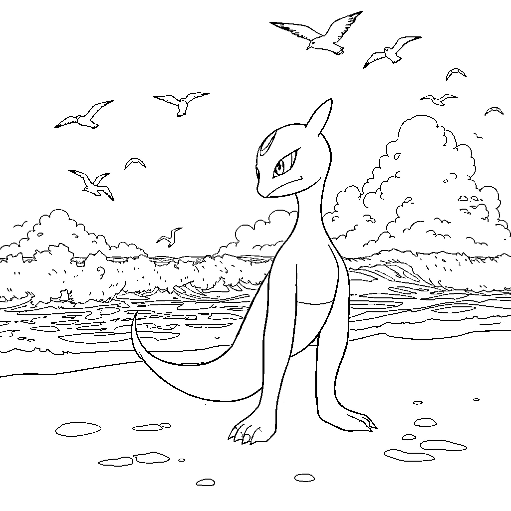 Mewtwo enjoying a day at the beach Coloring Page (free black-and-white line drawing printable PDF for all, from beginners to advanced learners, including children, teens, adults, and seniors)