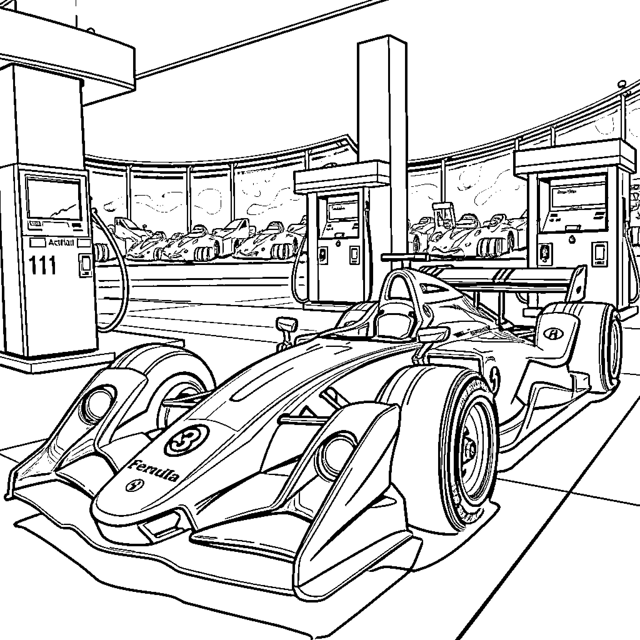 Formula One Car Racing in Futuristic Pit Stop Coloring Page (free black-and-white line drawing printable PDF for all, from beginners to advanced learners, including children, teens, adults, and seniors)