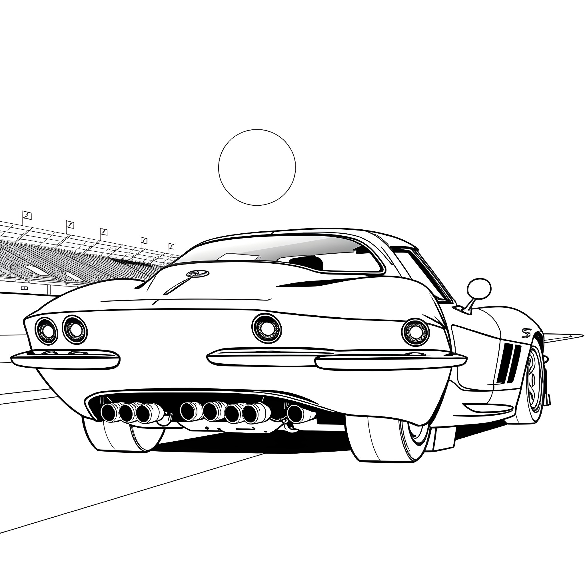Corvette racing on the track Coloring Page (free black-and-white line drawing printable PDF for all, from beginners to advanced learners, including children, teens, adults, and seniors)