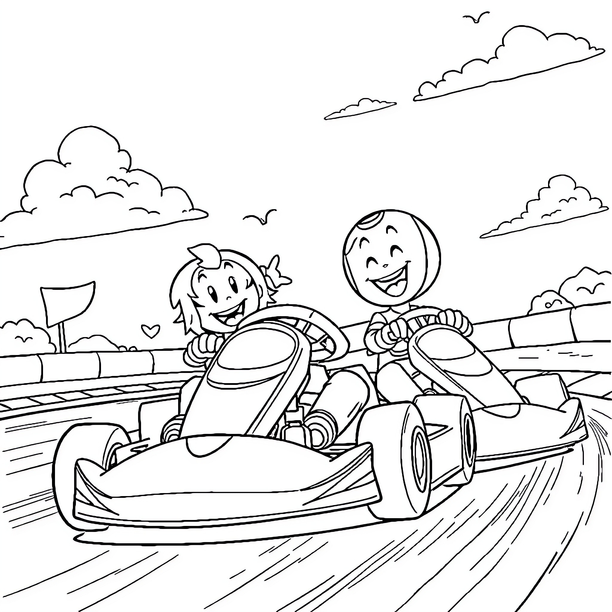 Mario and Sonic racing in go-karts on the track Coloring Page (free black-and-white line drawing printable PDF for all, from beginners to advanced learners, including children, teens, adults, and seniors)