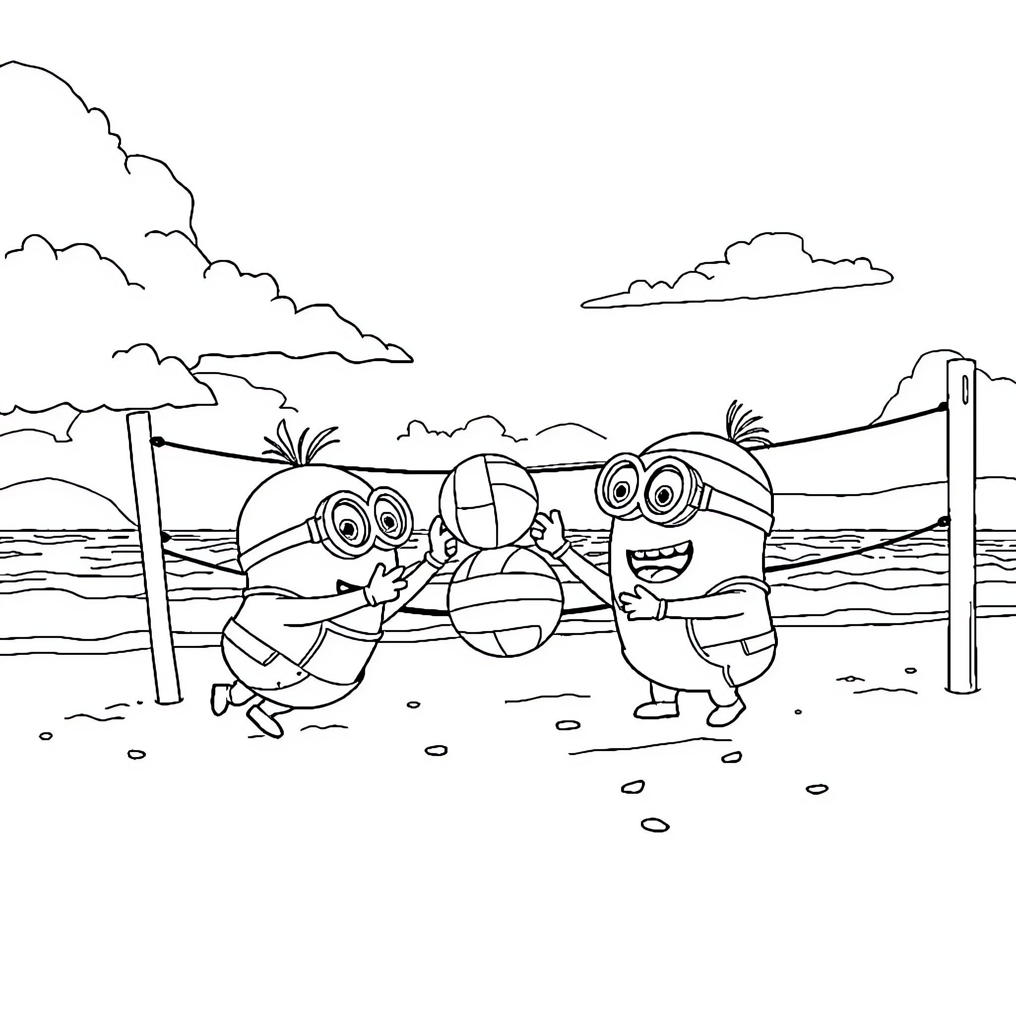 Minions playing beach volleyball on tropical island Coloring Page (free black-and-white line drawing printable PDF for all, from beginners to advanced learners, including children, teens, adults, and seniors)