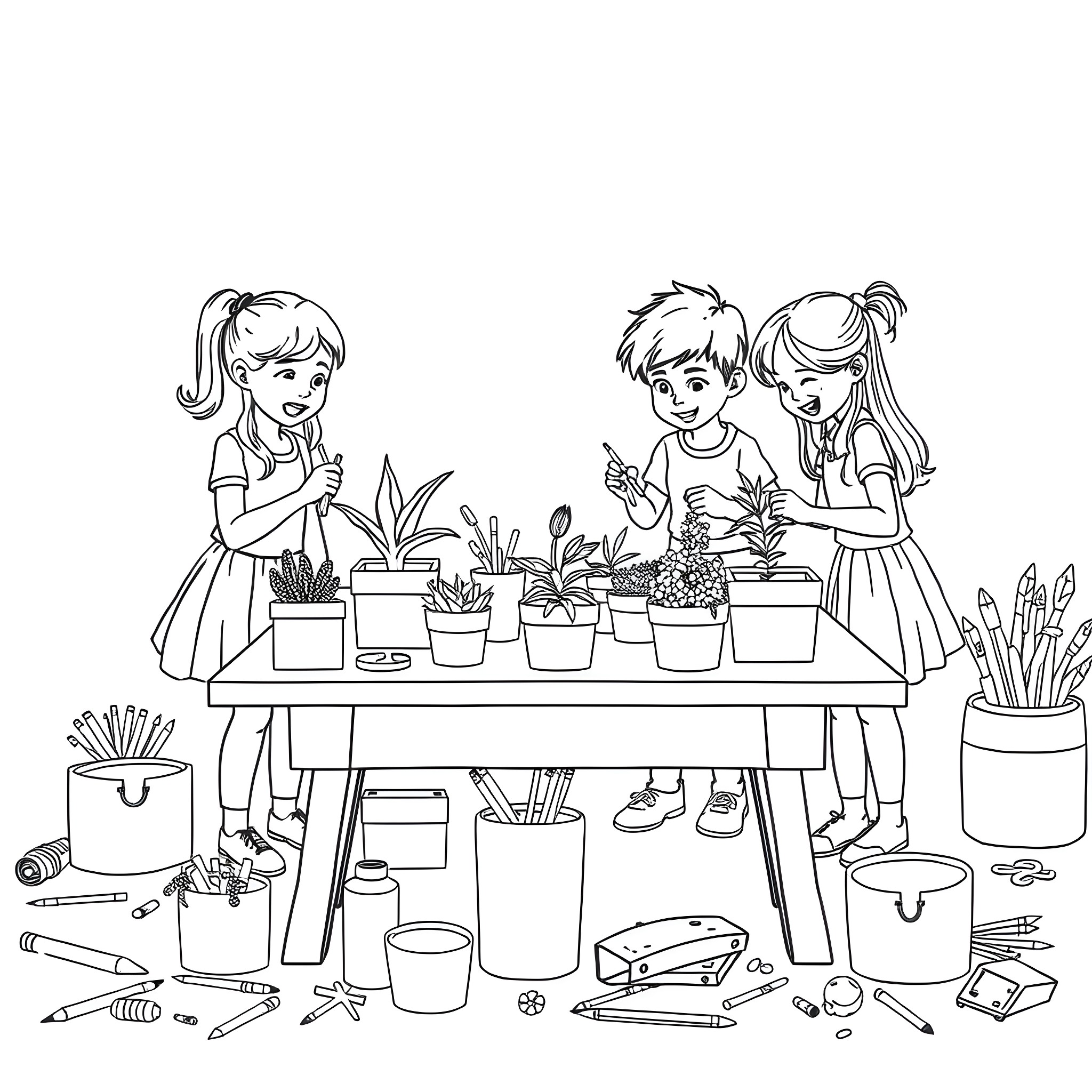 Child Tending to Potted Plants With Friends Coloring Page (free black-and-white line drawing printable PDF for all, from beginners to advanced learners, including children, teens, adults, and seniors)