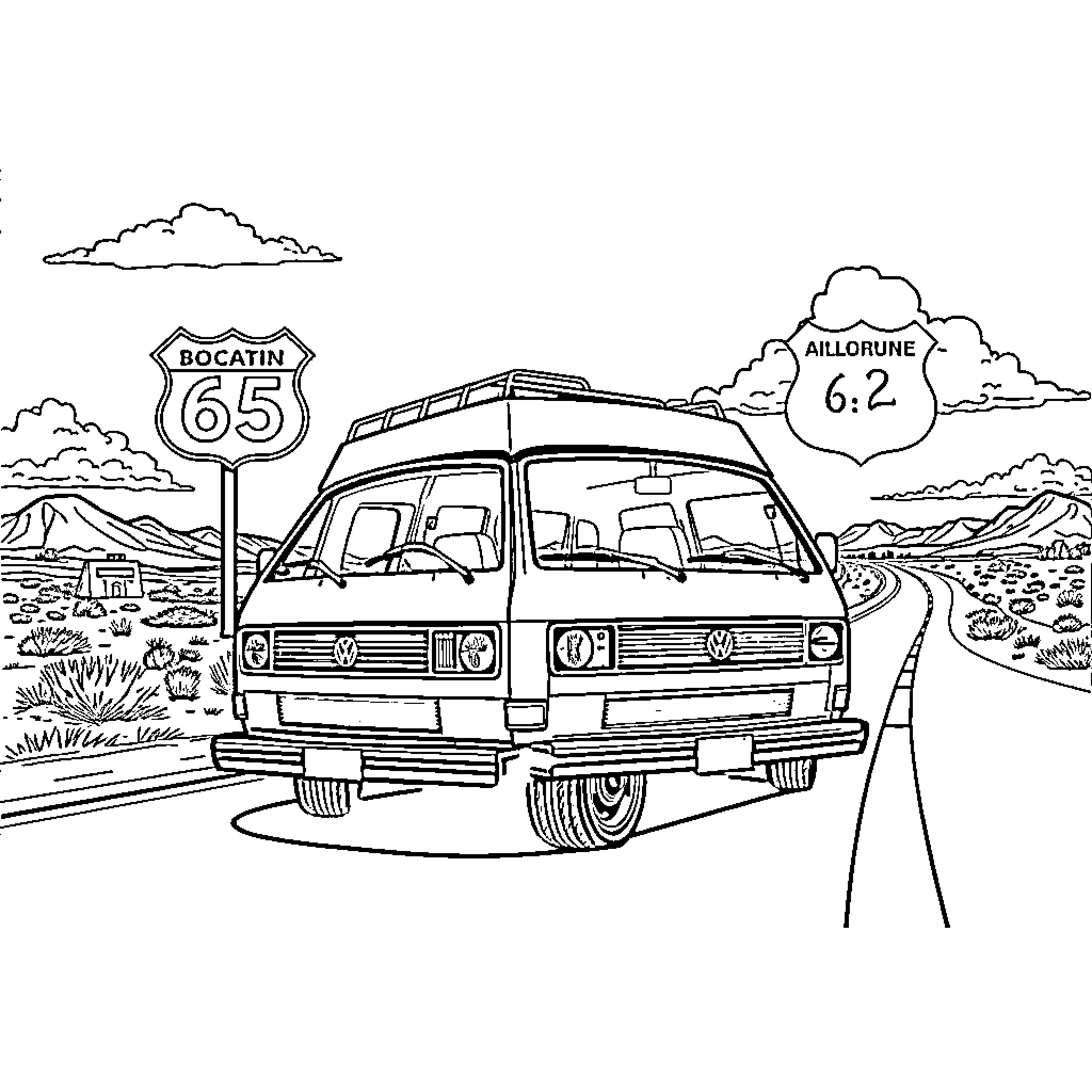 VW T25 van traveling on historic Route 66 highway Coloring Page (free black-and-white line drawing printable PDF for all, from beginners to advanced learners, including children, teens, adults, and seniors)