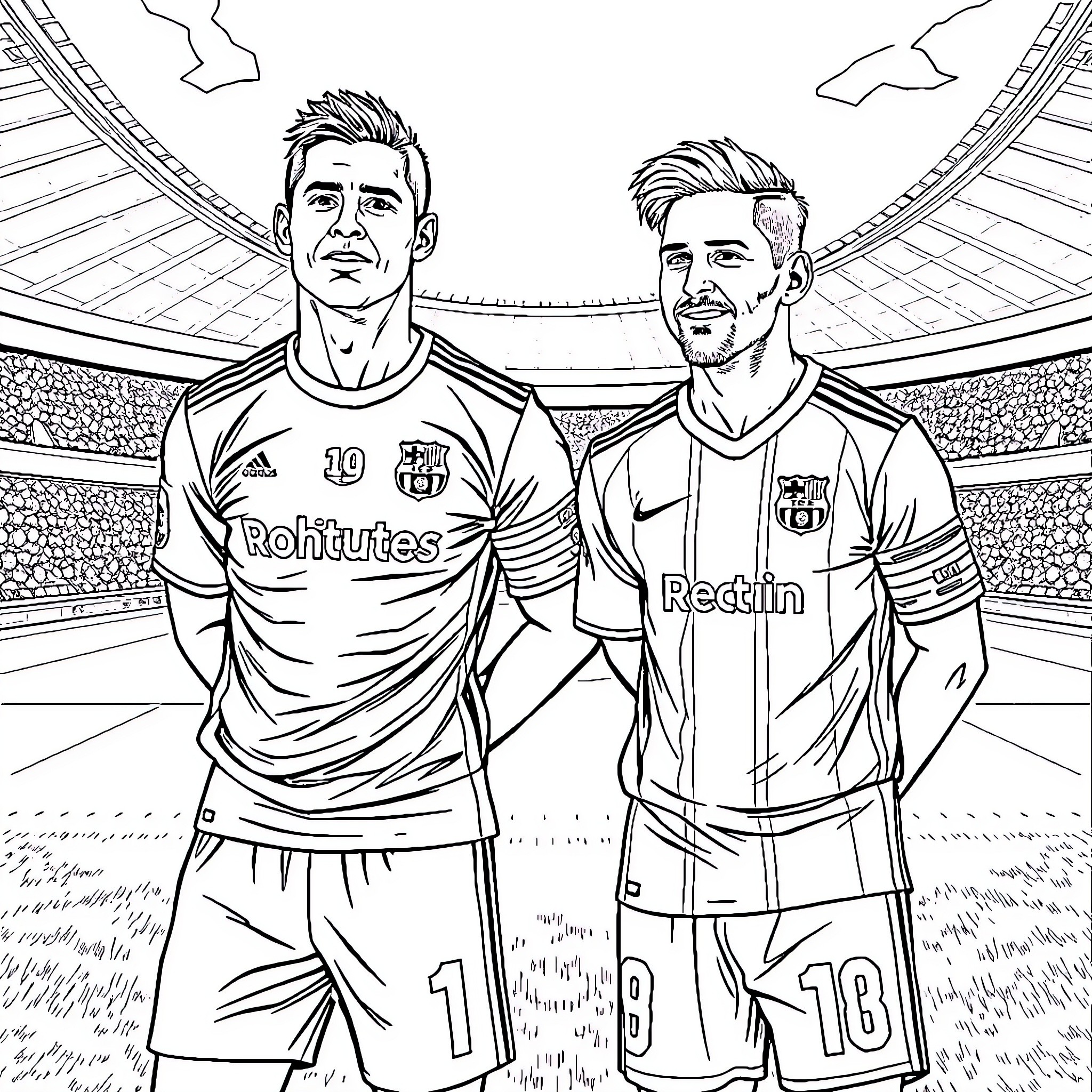 Cristiano and Messi posing together in soccer uniforms Coloring Page (free black-and-white line drawing printable PDF for all, from beginners to advanced learners, including children, teens, adults, and seniors)