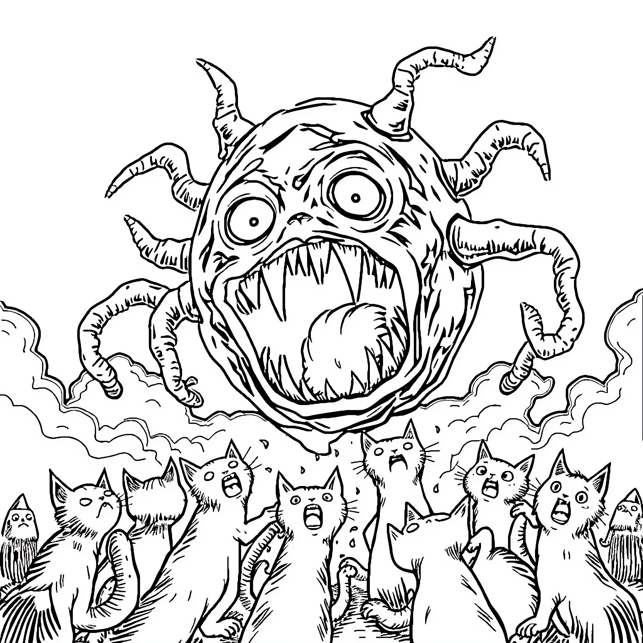 Beholder of the Feline Horde Coloring Page (free black-and-white line drawing printable PDF for all, from beginners to advanced learners, including children, teens, adults, and seniors)