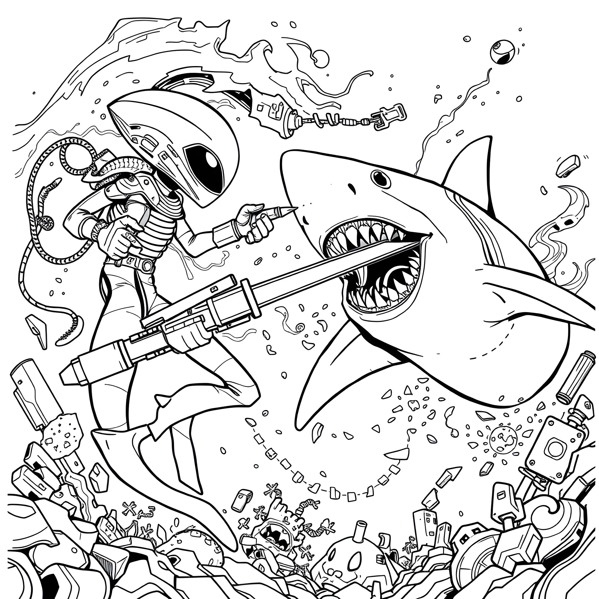 Alien diver battling mechanical shark in the deep sea Coloring Page (free black-and-white line drawing printable PDF for all, from beginners to advanced learners, including children, teens, adults, and seniors)