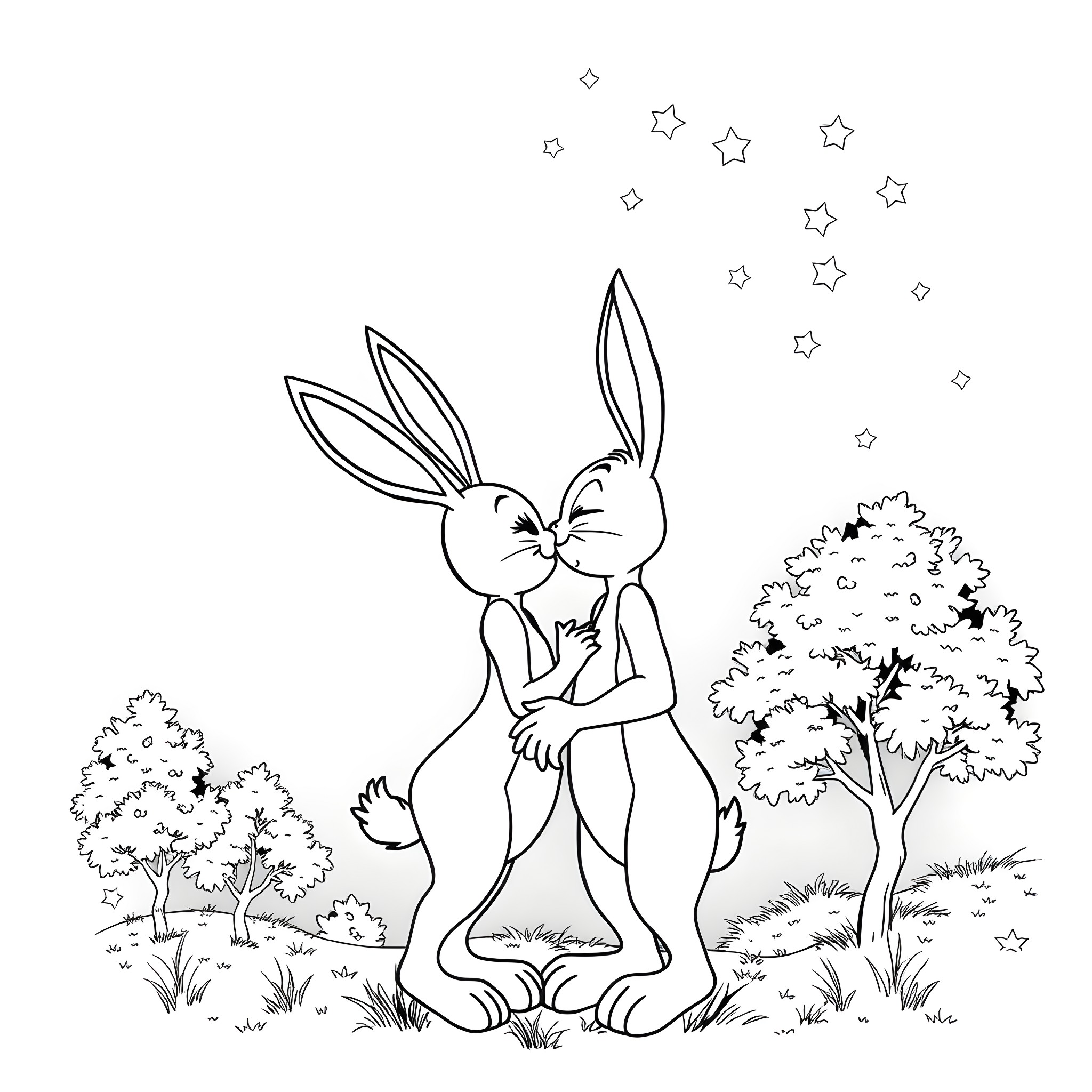 Bunny couple hugging under starry night sky Coloring Page (free black-and-white line drawing printable PDF for all, from beginners to advanced learners, including children, teens, adults, and seniors)