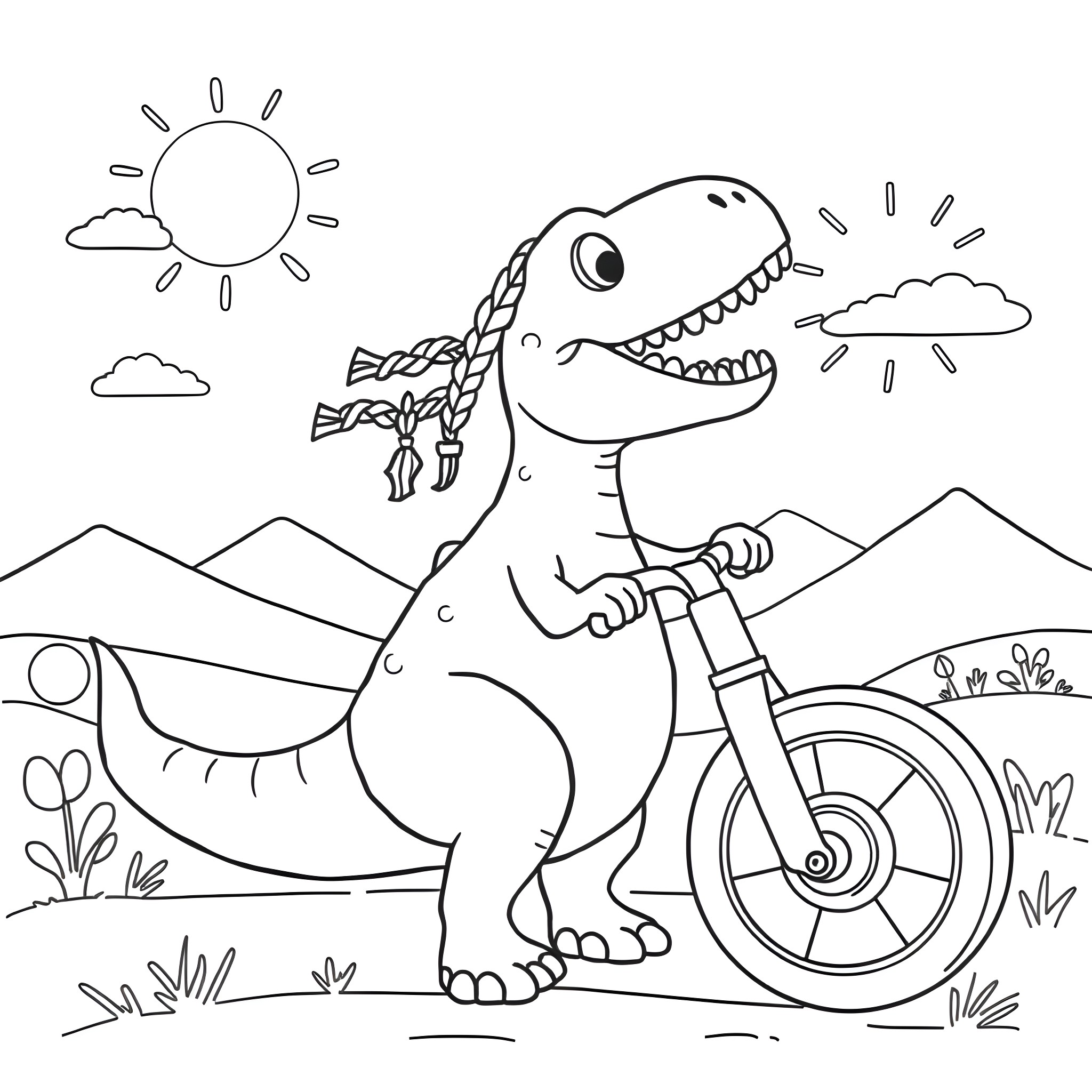 Dinosaur riding a bicycle in the mountains Coloring Page (free black-and-white line drawing printable PDF for all, from beginners to advanced learners, including children, teens, adults, and seniors)