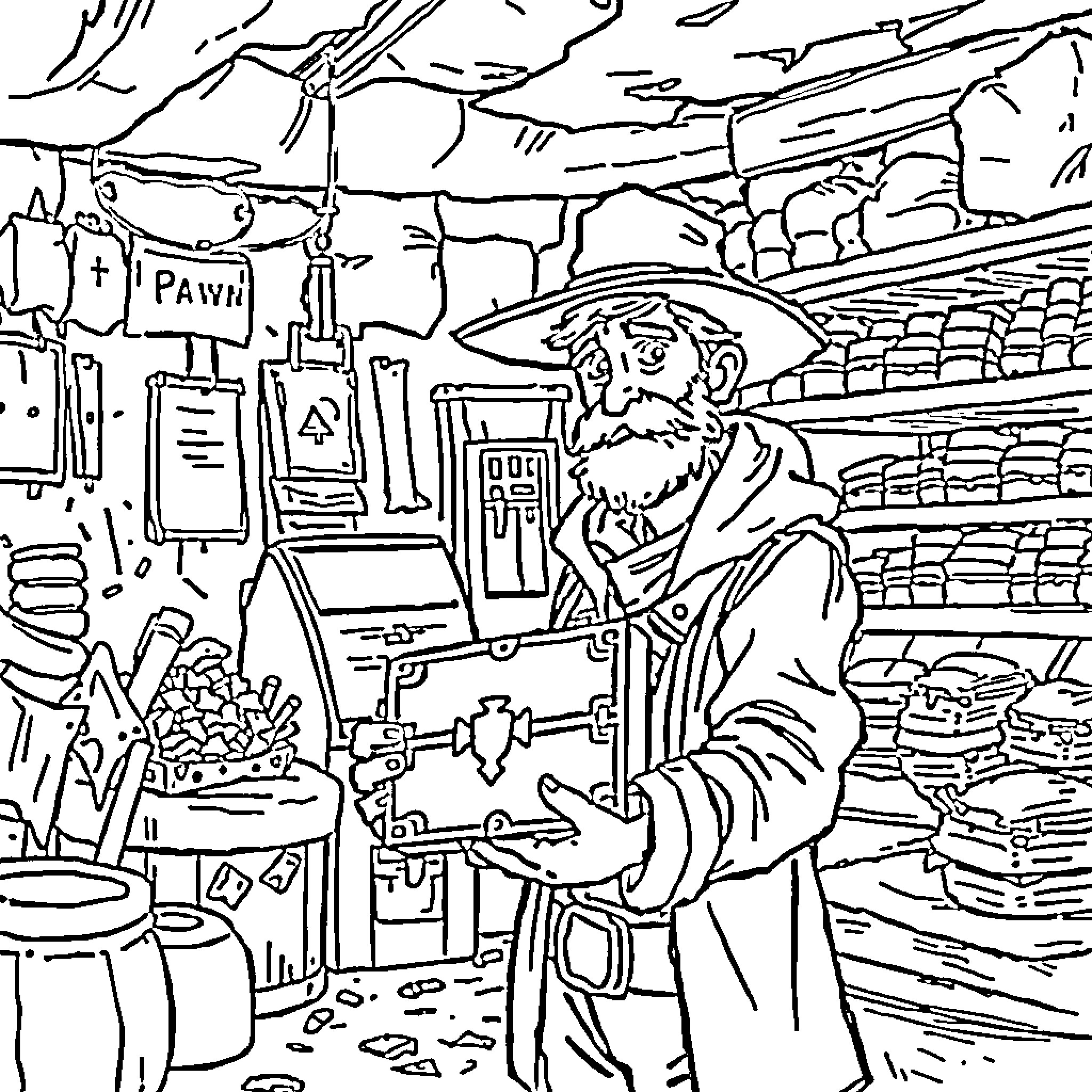 Archaeologist exploring an old pawn shop Coloring Page (free black-and-white line drawing printable PDF for all, from beginners to advanced learners, including children, teens, adults, and seniors)