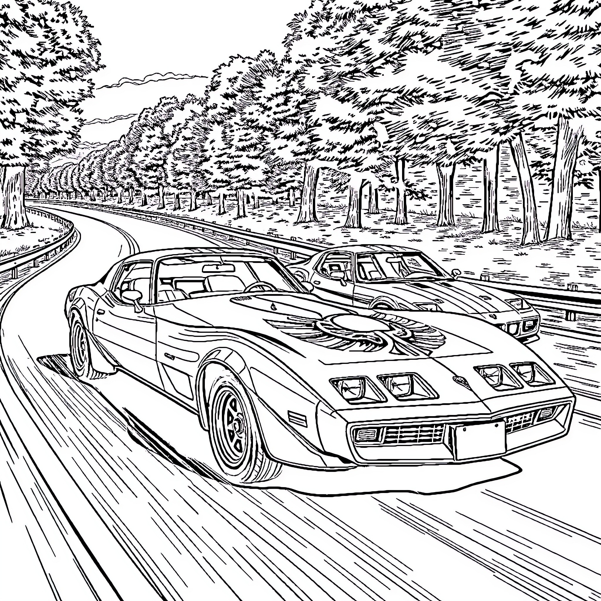 Firebird speeding through forest landscape Coloring Page (free black-and-white line drawing printable PDF for all, from beginners to advanced learners, including children, teens, adults, and seniors)