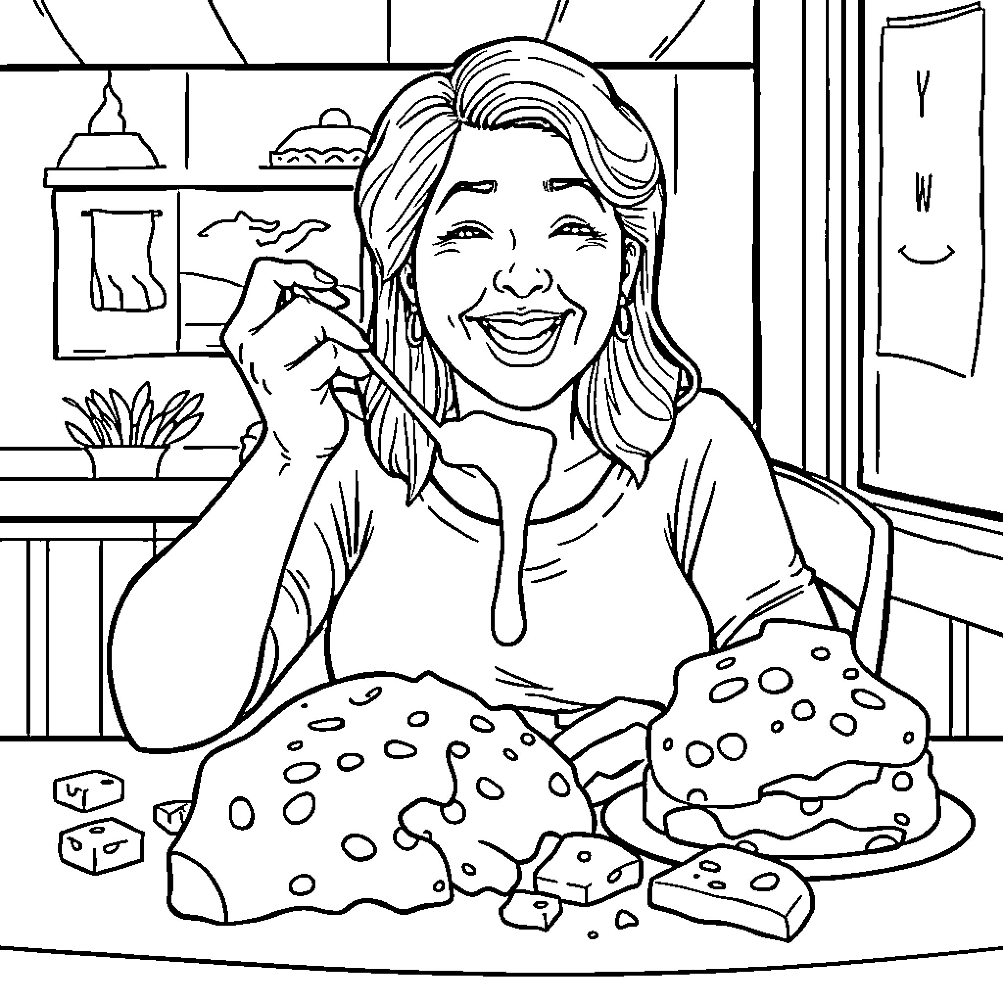 Mom enjoying a delicious meal in cozy kitchen Coloring Page (free black-and-white line drawing printable PDF for all, from beginners to advanced learners, including children, teens, adults, and seniors)