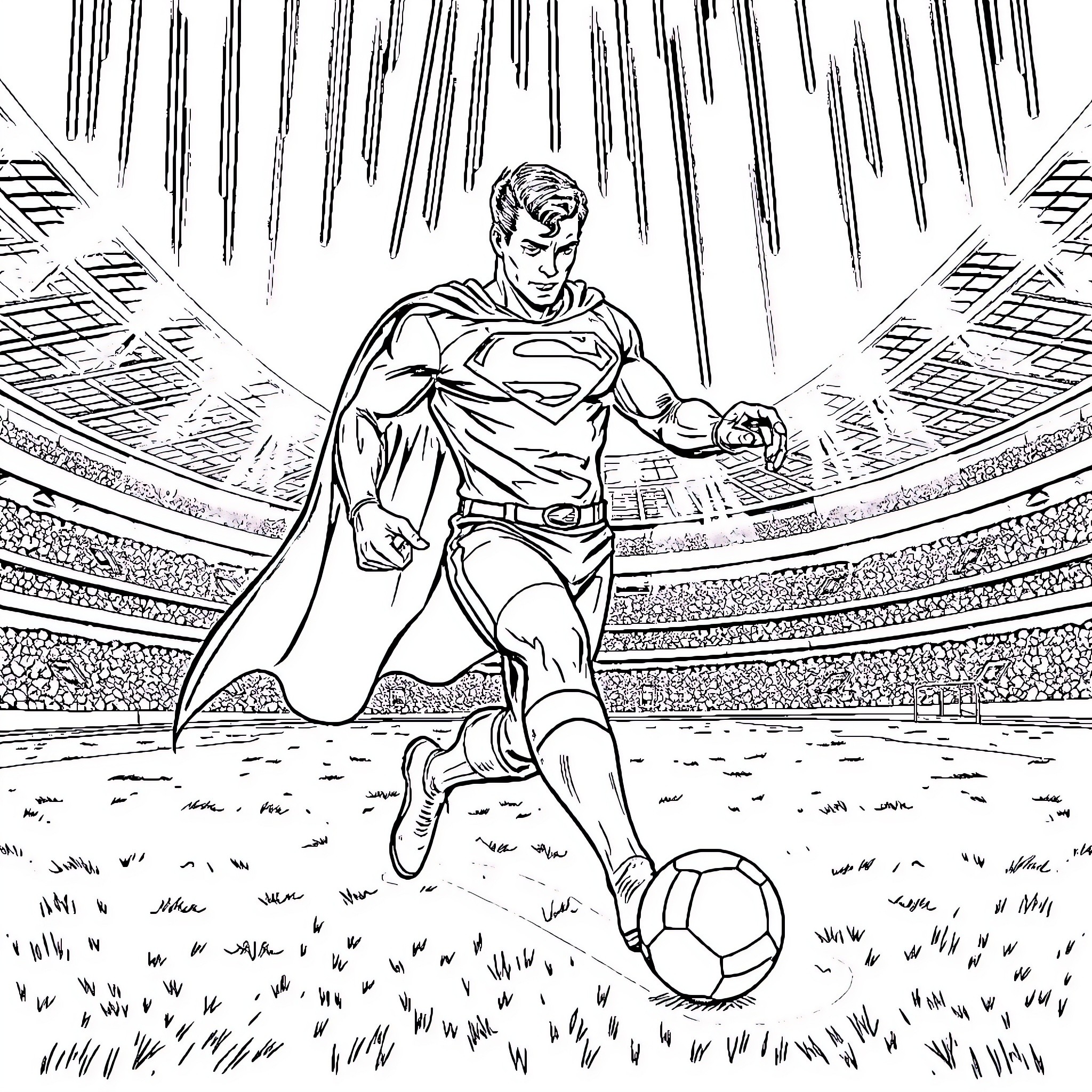 Superman's Heroic Soccer Match Coloring Page (free black-and-white line drawing printable PDF for all, from beginners to advanced learners, including children, teens, adults, and seniors)