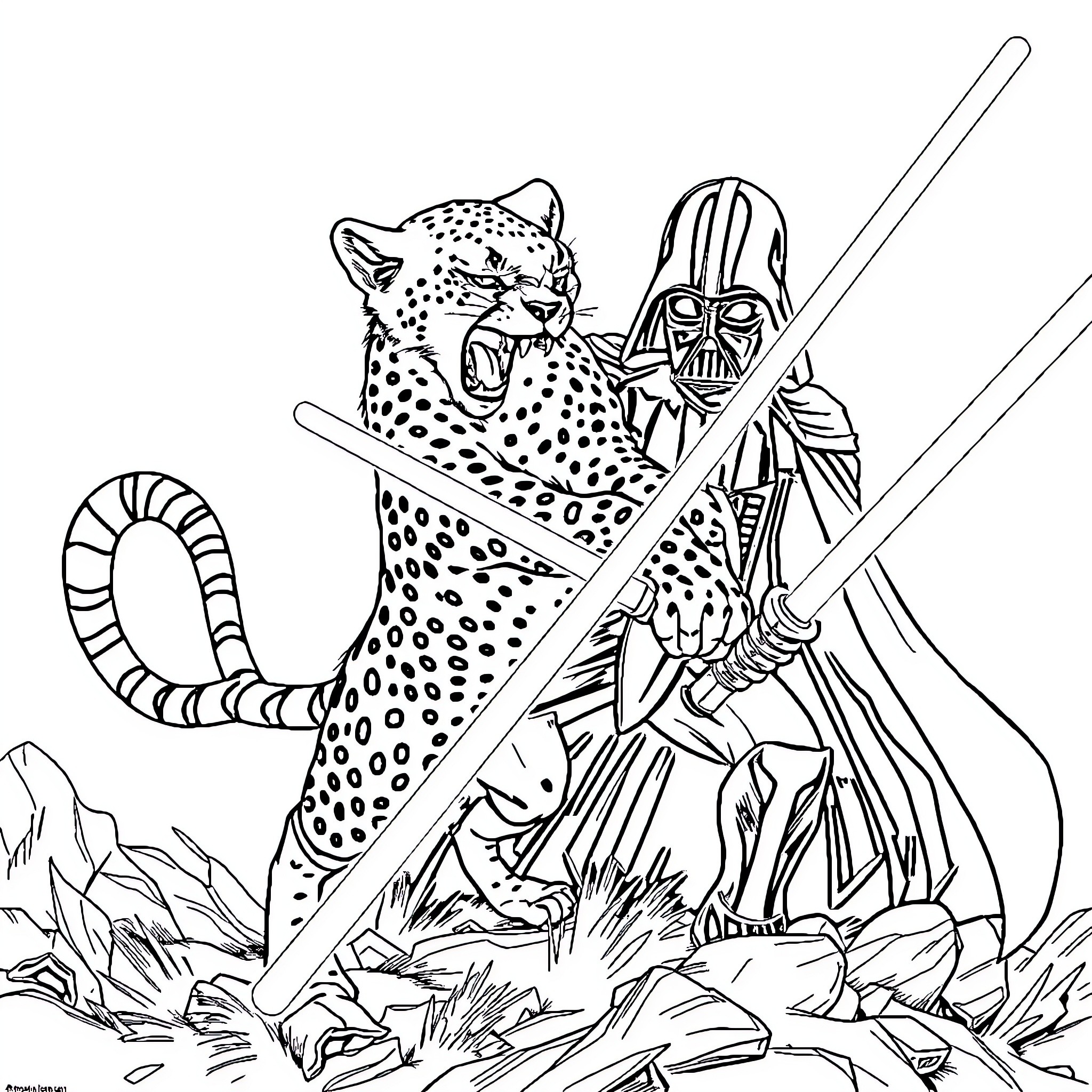 Cheetah Confronting Darth Vader in the Wild Coloring Page (free black-and-white line drawing printable PDF for all, from beginners to advanced learners, including children, teens, adults, and seniors)
