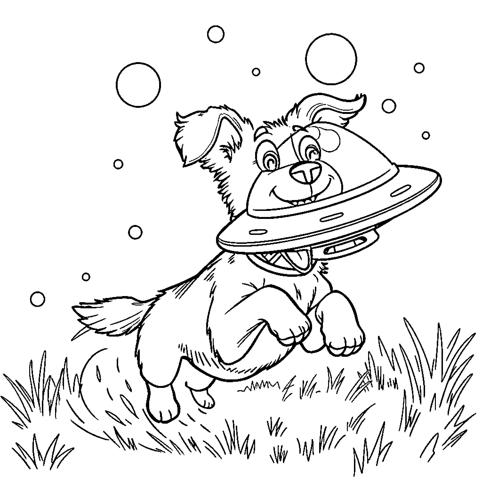 Dog chasing playful bubbles in the grass Coloring Page (free black-and-white line drawing printable PDF for all, from beginners to advanced learners, including children, teens, adults, and seniors)