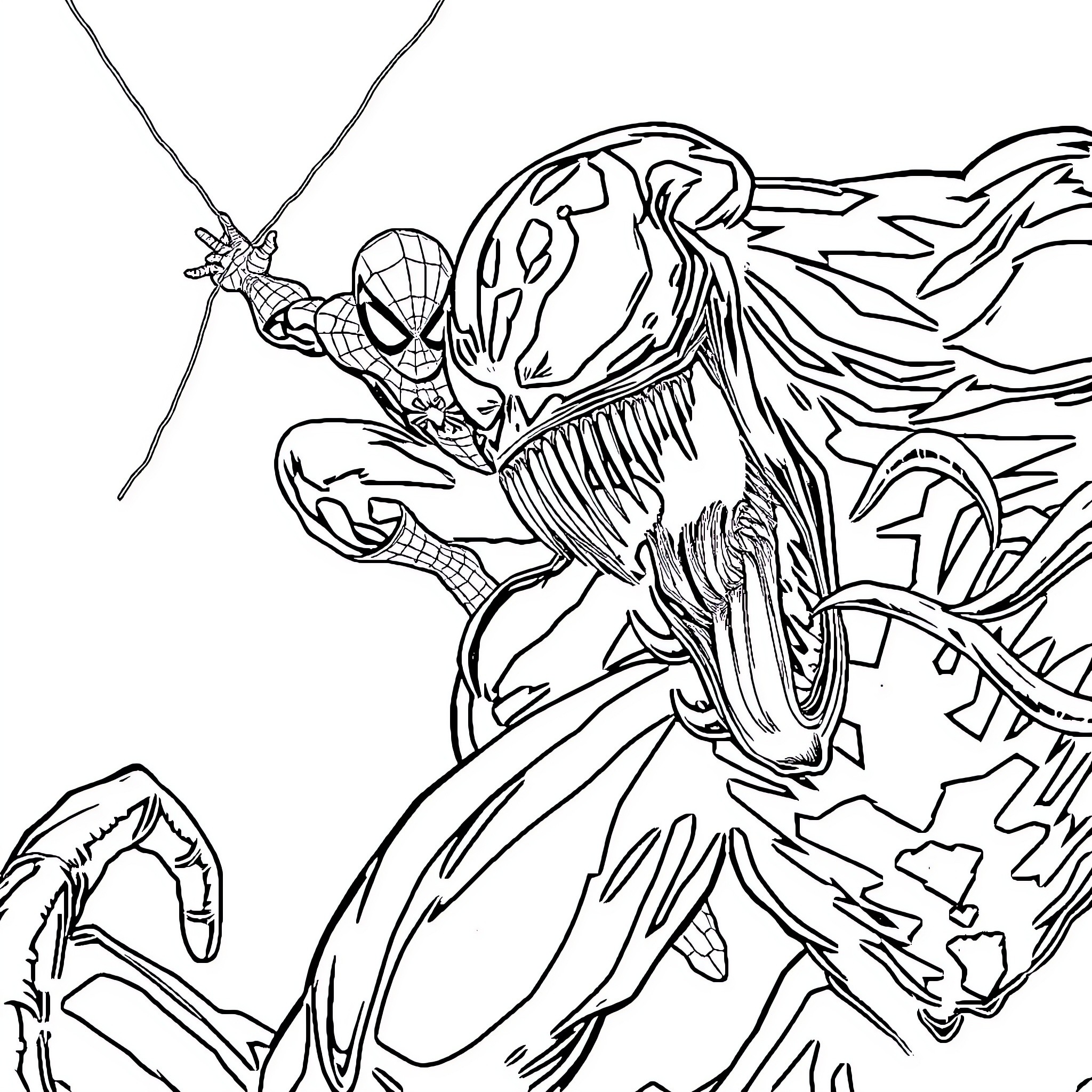 Spider-Man battling a fierce monster Coloring Page (free black-and-white line drawing printable PDF for all, from beginners to advanced learners, including children, teens, adults, and seniors)