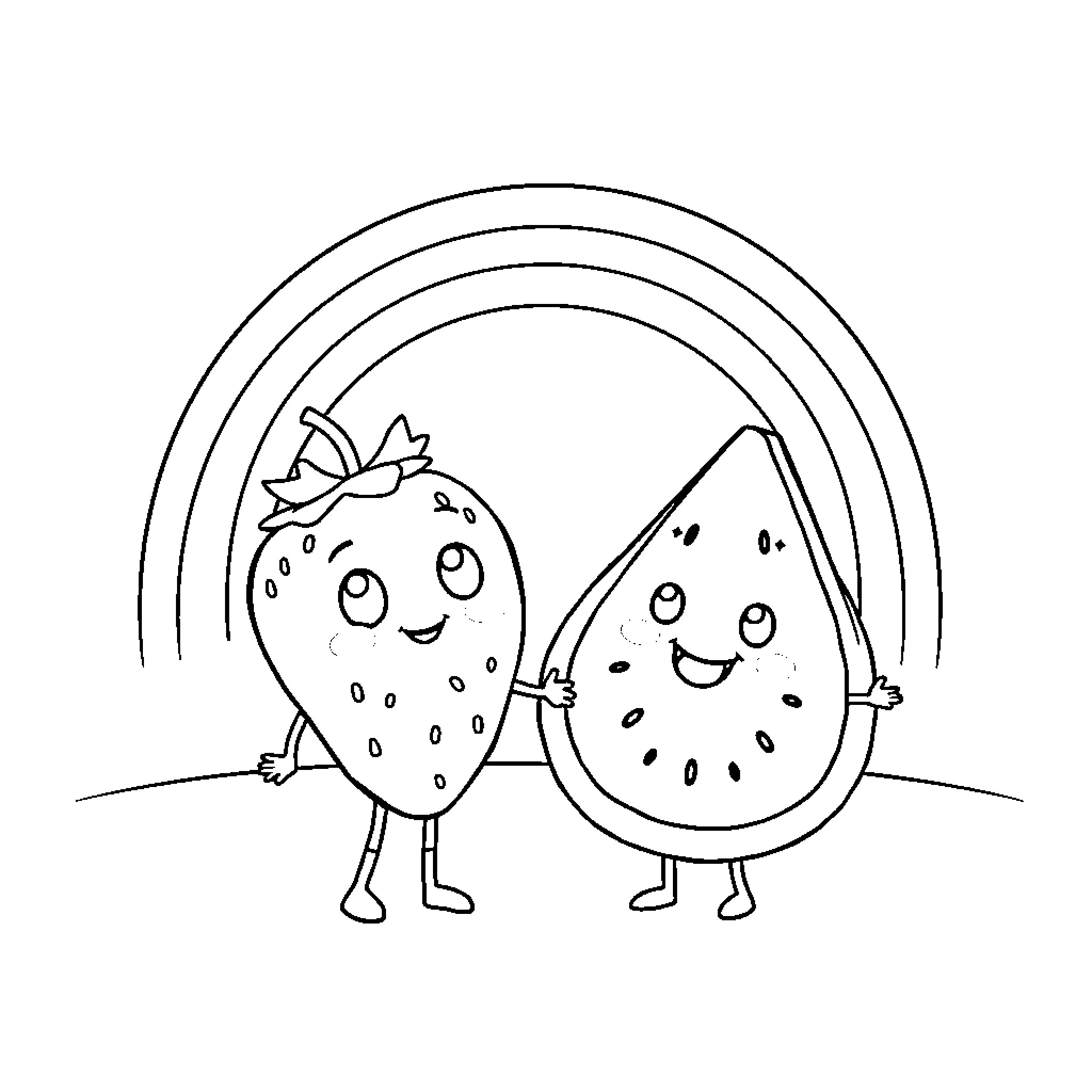 Strawberry friends enjoy rainbow scene Coloring Page (free black-and-white line drawing printable PDF for all, from beginners to advanced learners, including children, teens, adults, and seniors)