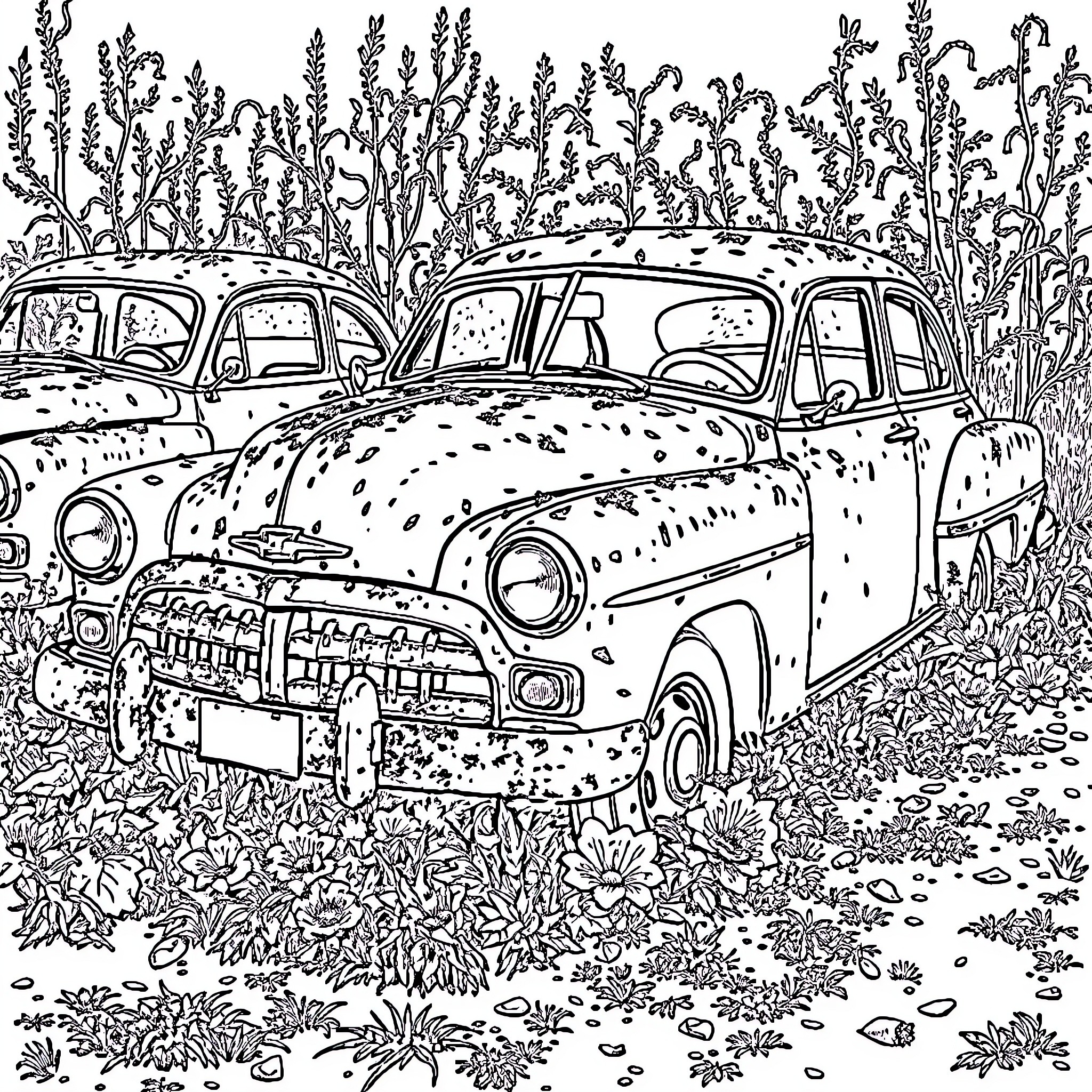 Car Abandoned in Overgrown Field Coloring Page (free black-and-white line drawing printable PDF for all, from beginners to advanced learners, including children, teens, adults, and seniors)