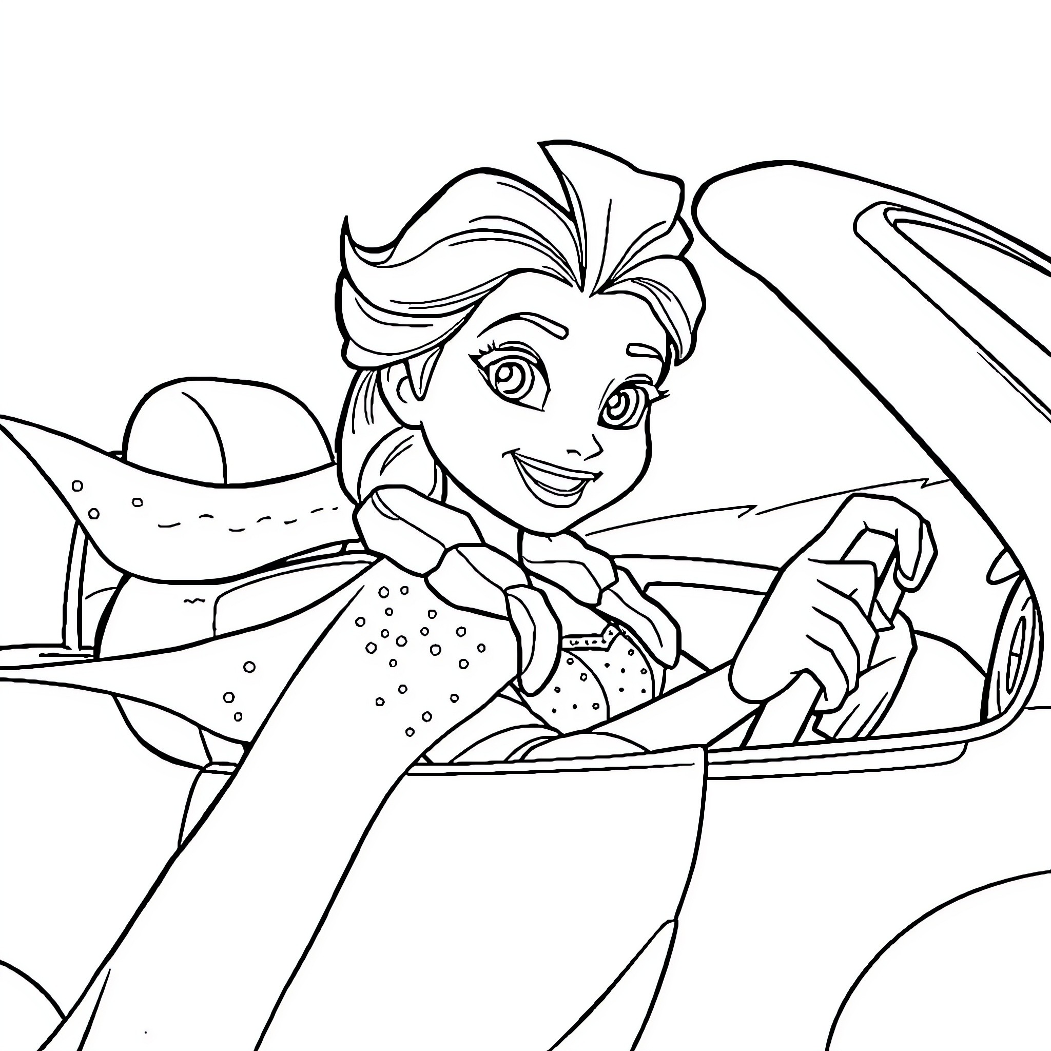 Elsa enjoying a winter sleigh ride Coloring Page (free black-and-white line drawing printable PDF for all, from beginners to advanced learners, including children, teens, adults, and seniors)