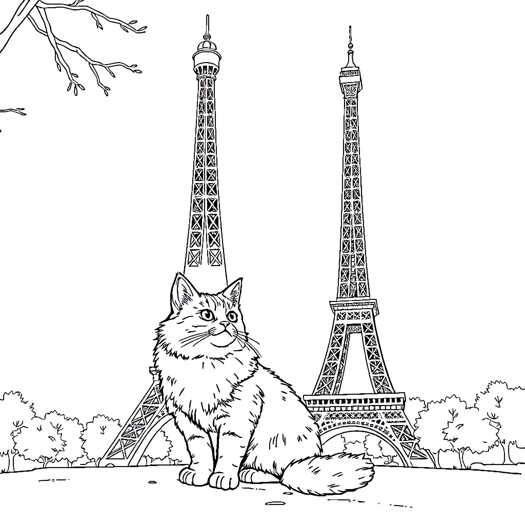 Cat enjoying the view of the Eiffel Tower Coloring Page (free black-and-white line drawing printable PDF for all, from beginners to advanced learners, including children, teens, adults, and seniors)
