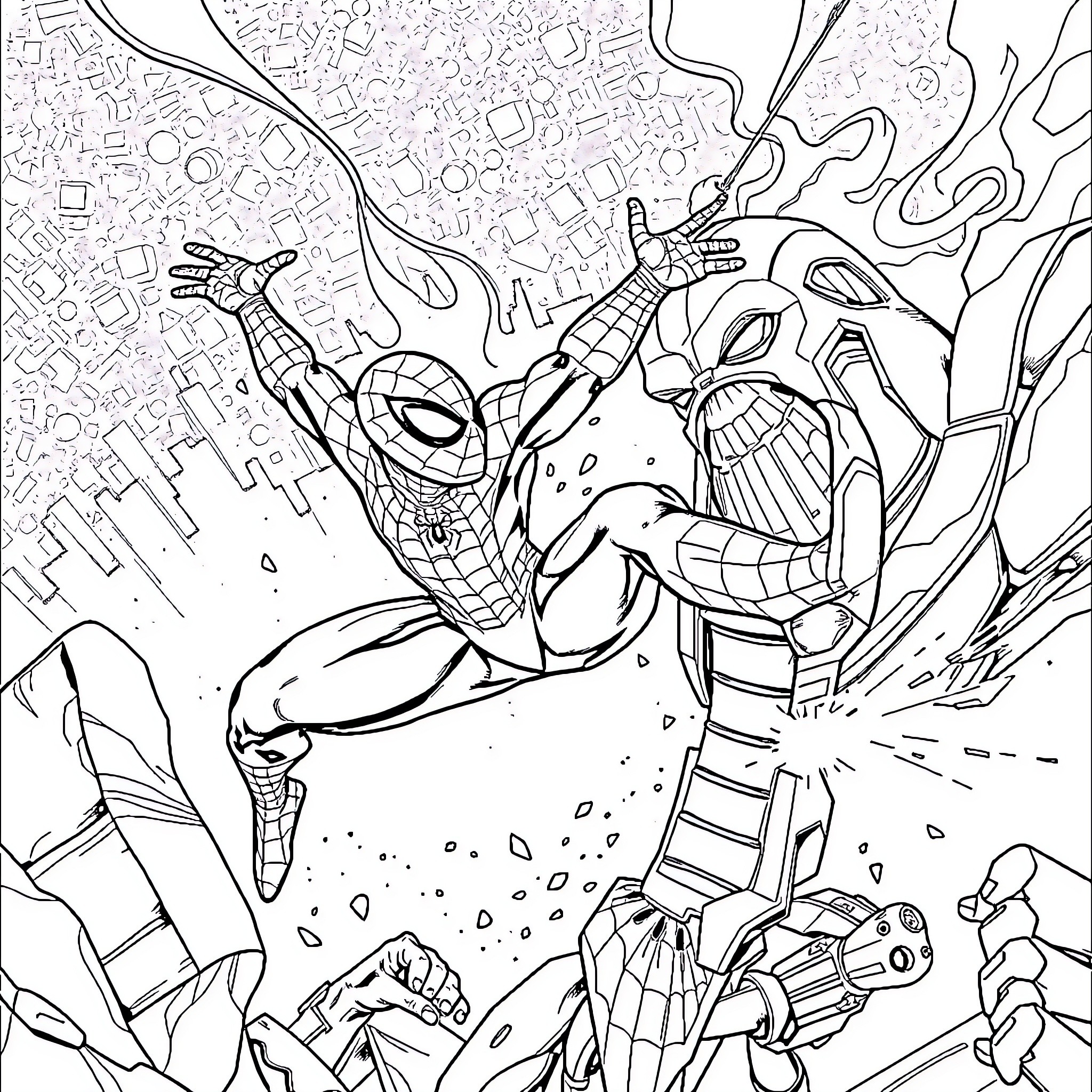 Spider-Man in action-packed battle against foes Coloring Page (free black-and-white line drawing printable PDF for all, from beginners to advanced learners, including children, teens, adults, and seniors)