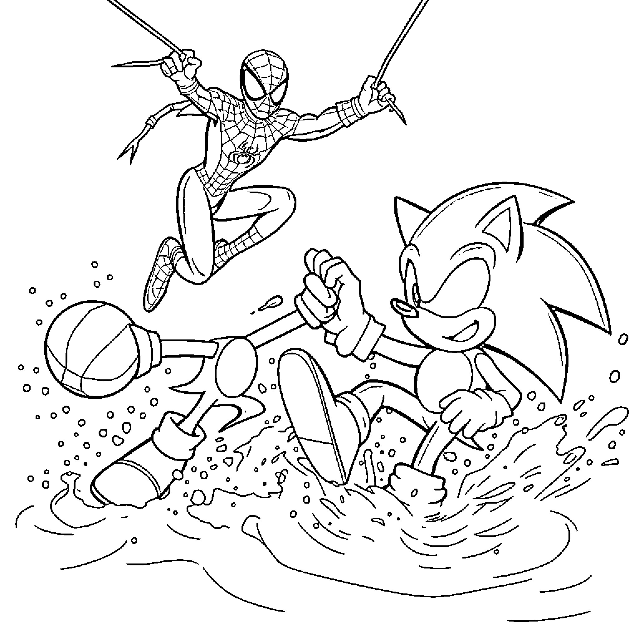 Sonic and Spider-Man's Playful Adventure Coloring Page (free black-and-white line drawing printable PDF for all, from beginners to advanced learners, including children, teens, adults, and seniors)