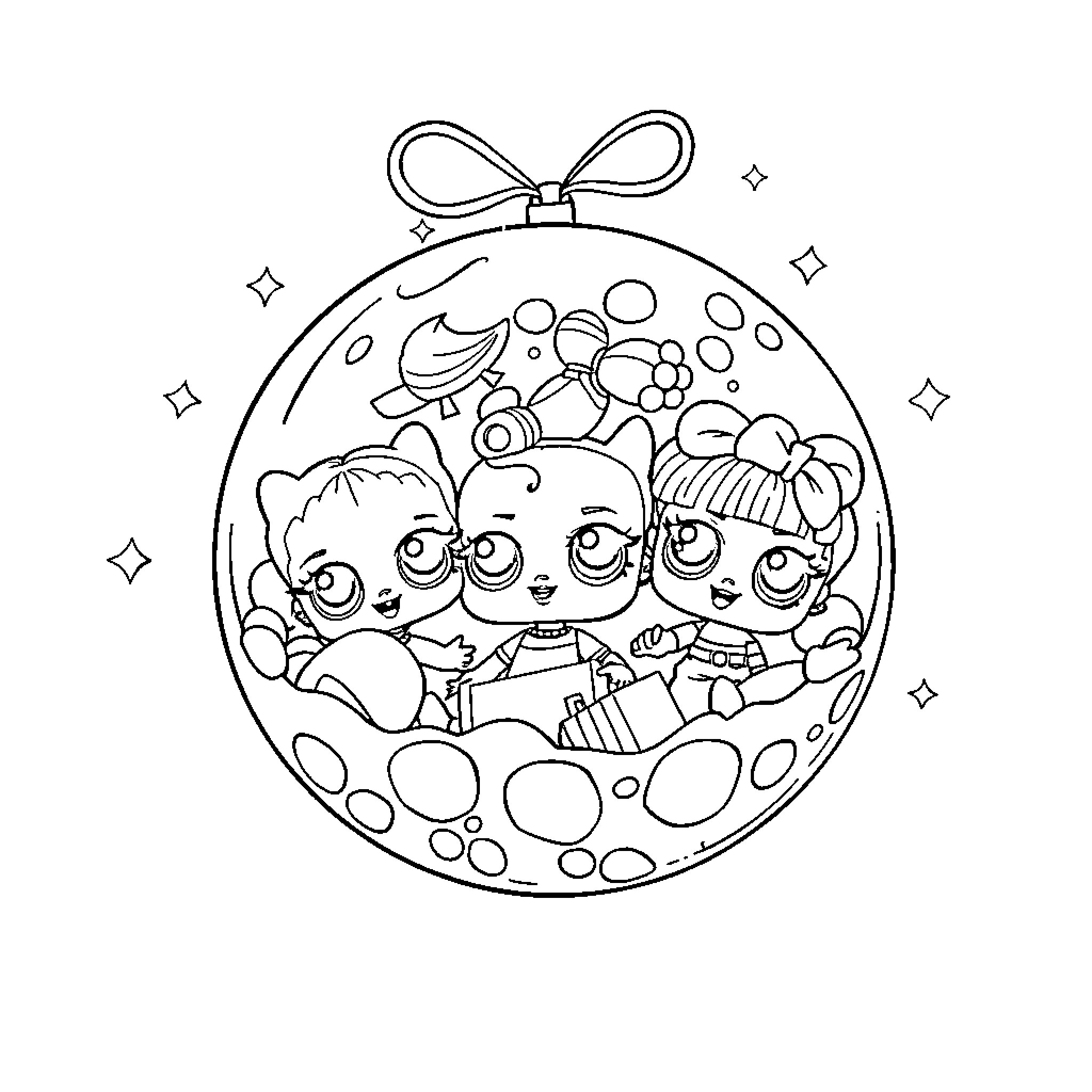 Lol Dolls in Festive Ornament Coloring Page (free black-and-white line drawing printable PDF for all, from beginners to advanced learners, including children, teens, adults, and seniors)