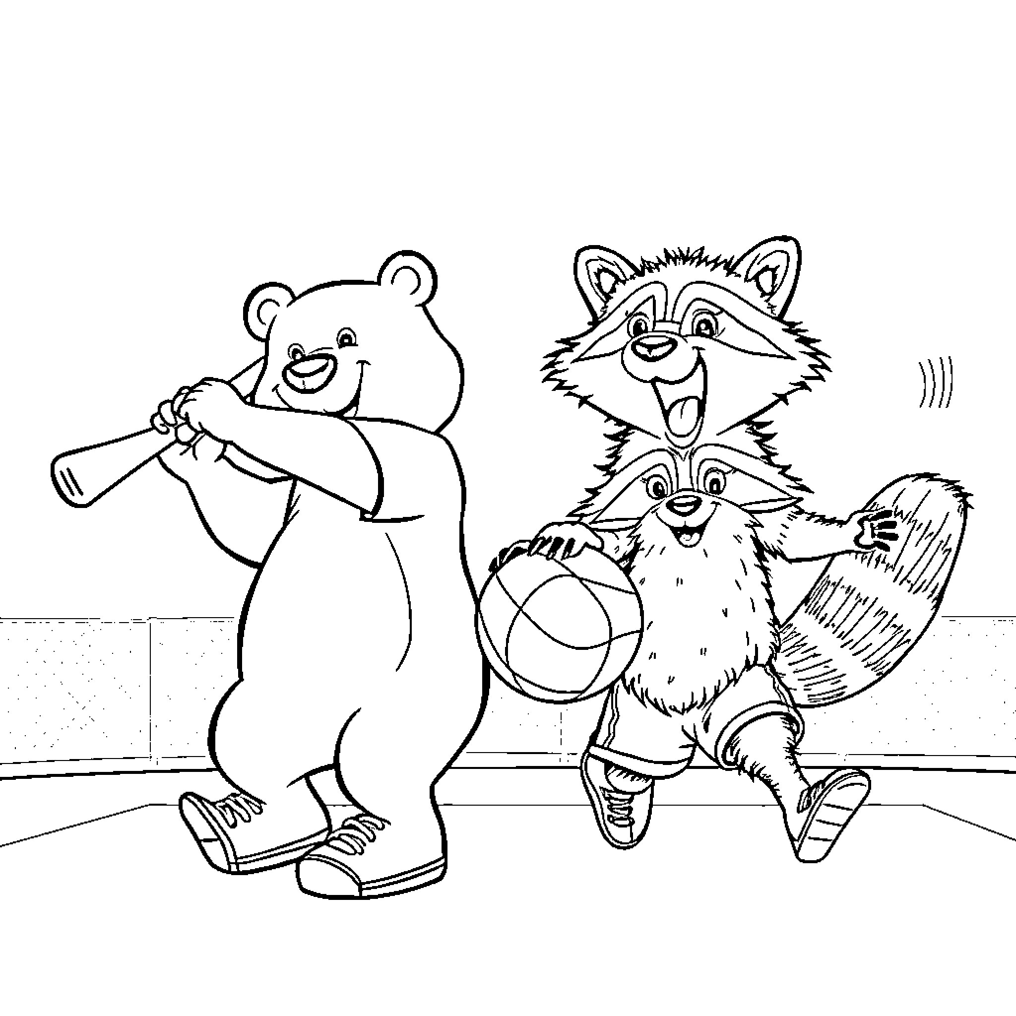 Bear playing basketball with playful raccoons Coloring Page (free black-and-white line drawing printable PDF for all, from beginners to advanced learners, including children, teens, adults, and seniors)
