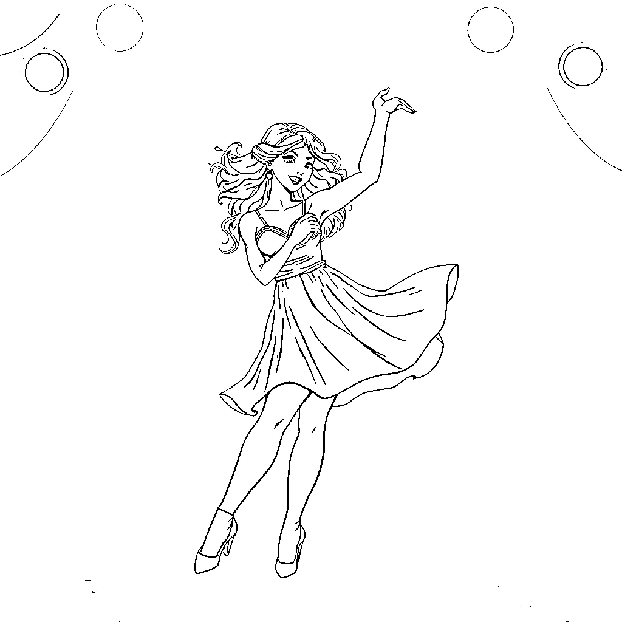Lina dancing gracefully in flowing dress Coloring Page (free black-and-white line drawing printable PDF for all, from beginners to advanced learners, including children, teens, adults, and seniors)