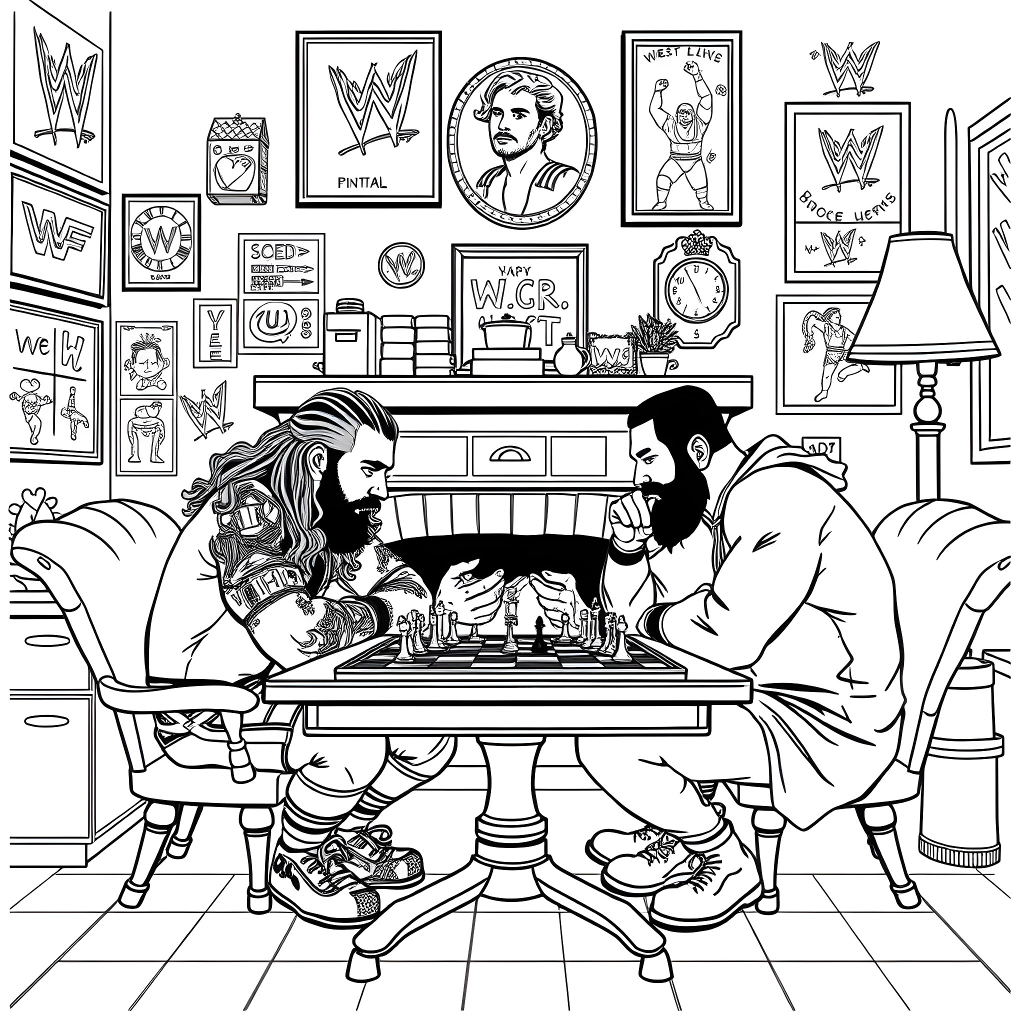 Uso in the wrestling memorabilia-filled room Coloring Page (free black-and-white line drawing printable PDF for all, from beginners to advanced learners, including children, teens, adults, and seniors)