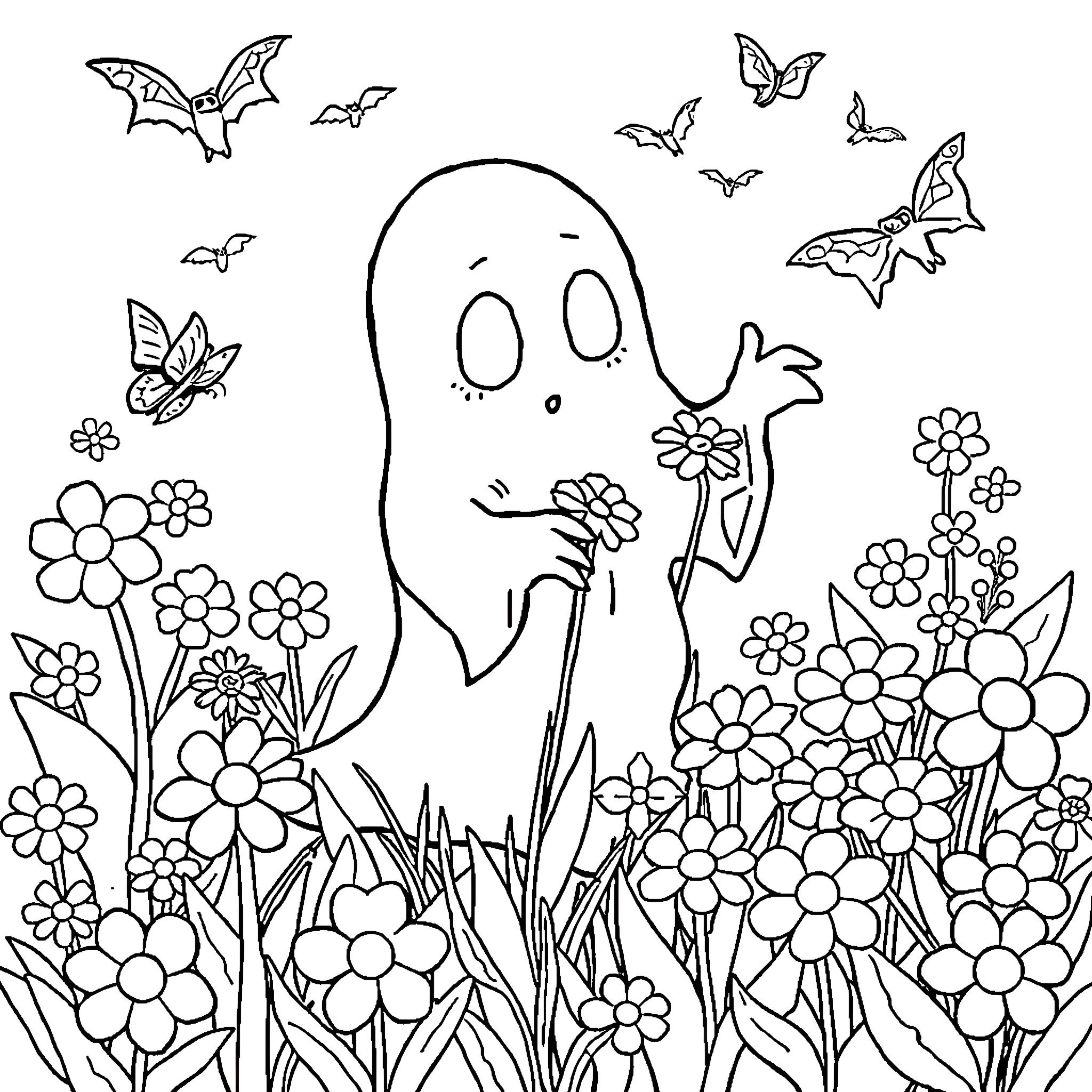 Ghost enjoying flowers and butterflies in the garden Coloring Page (free black-and-white line drawing printable PDF for all, from beginners to advanced learners, including children, teens, adults, and seniors)