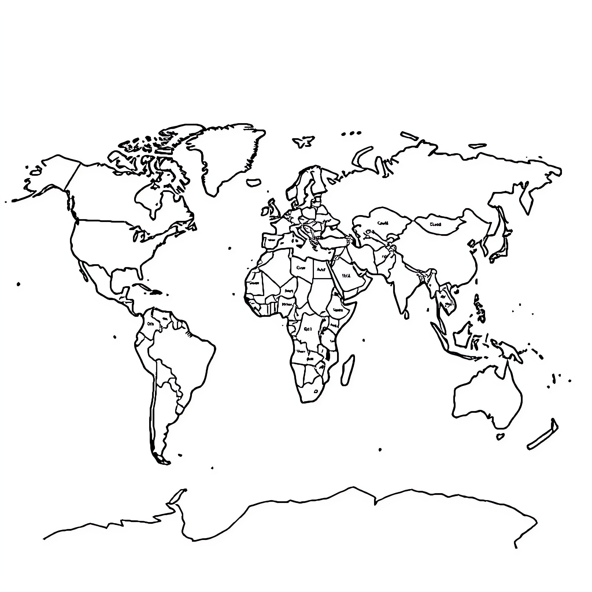 Map of the world's continents and countries Coloring Page (free black-and-white line drawing printable PDF for all, from beginners to advanced learners, including children, teens, adults, and seniors)