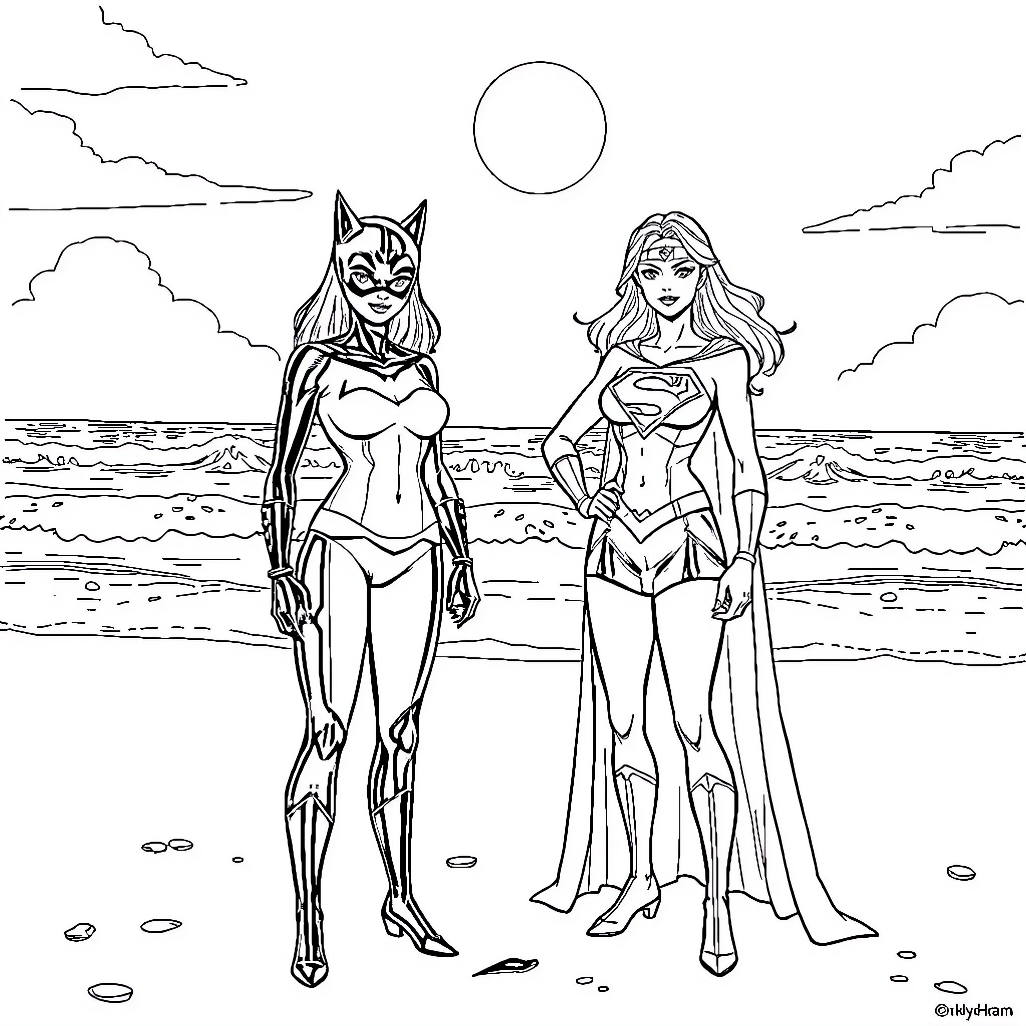 Catwoman and Supergirl in Heroic Beachside Poses Coloring Page (free black-and-white line drawing printable PDF for all, from beginners to advanced learners, including children, teens, adults, and seniors)