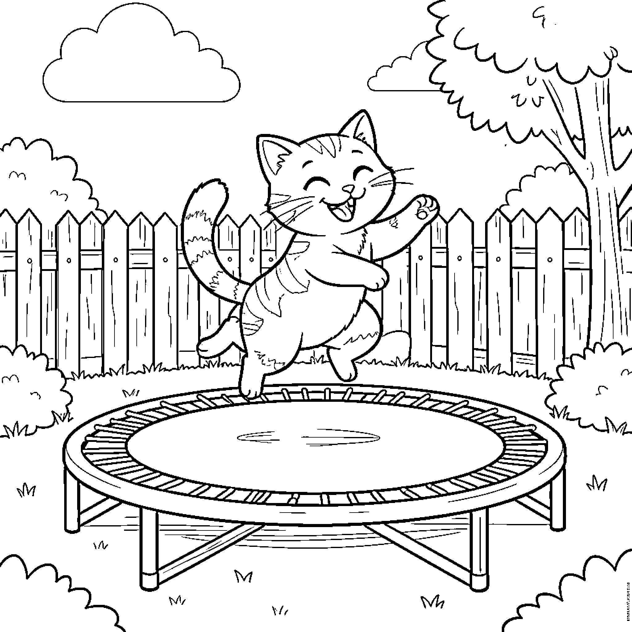 Cat playing happily on a trampoline in the yard Coloring Page (free black-and-white line drawing printable PDF for all, from beginners to advanced learners, including children, teens, adults, and seniors)