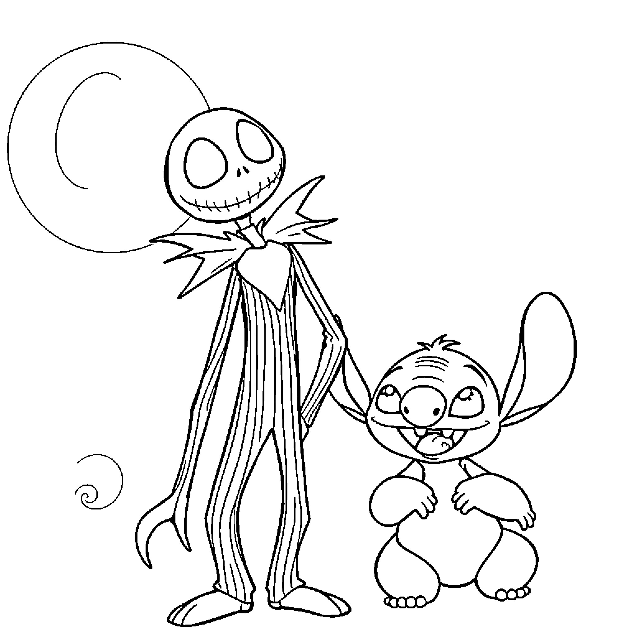 Jack Skellington and Stitch in playful scene Coloring Page (free black-and-white line drawing printable PDF for all, from beginners to advanced learners, including children, teens, adults, and seniors)