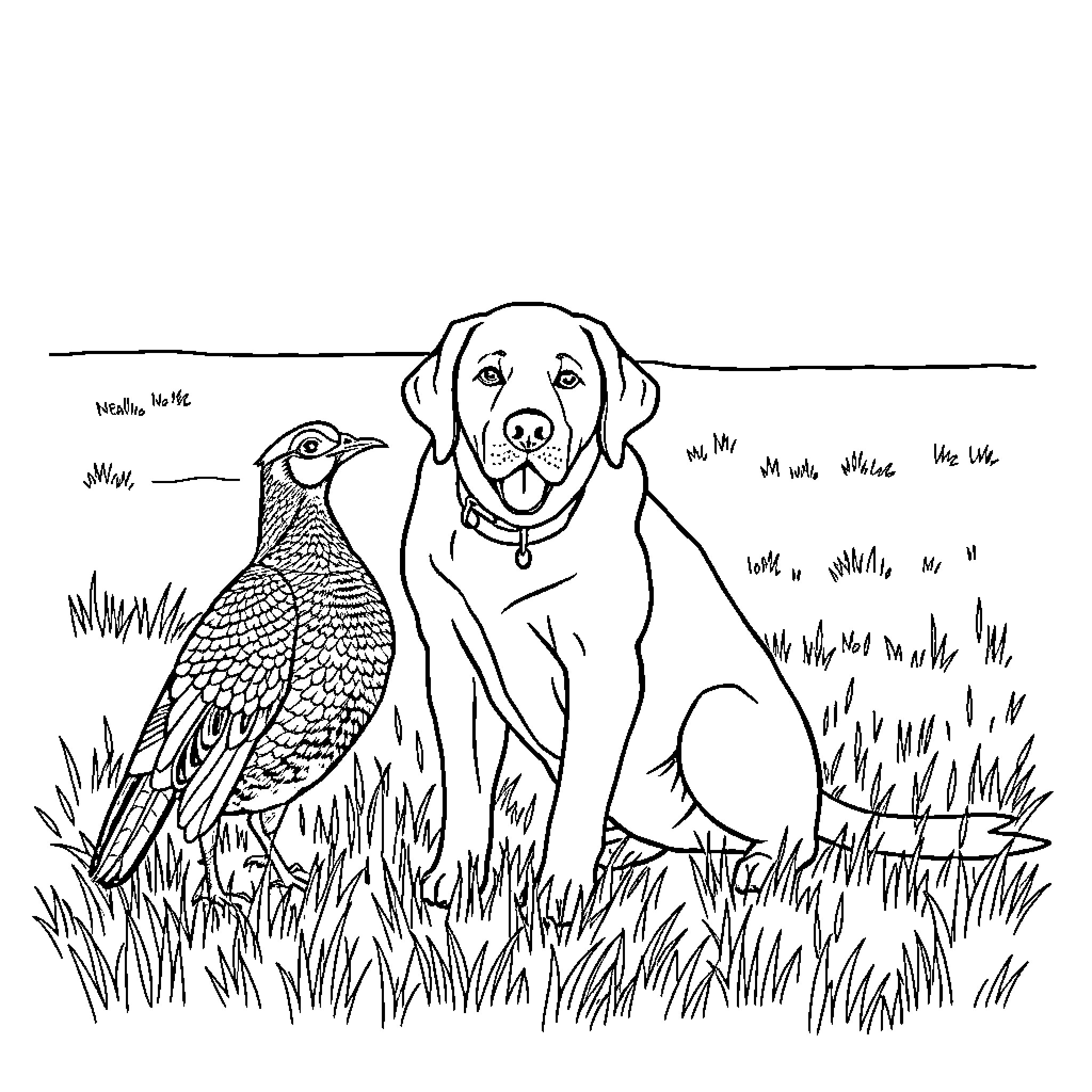 Labrador hunting pheasant in grassy field Coloring Page (free black-and-white line drawing printable PDF for all, from beginners to advanced learners, including children, teens, adults, and seniors)