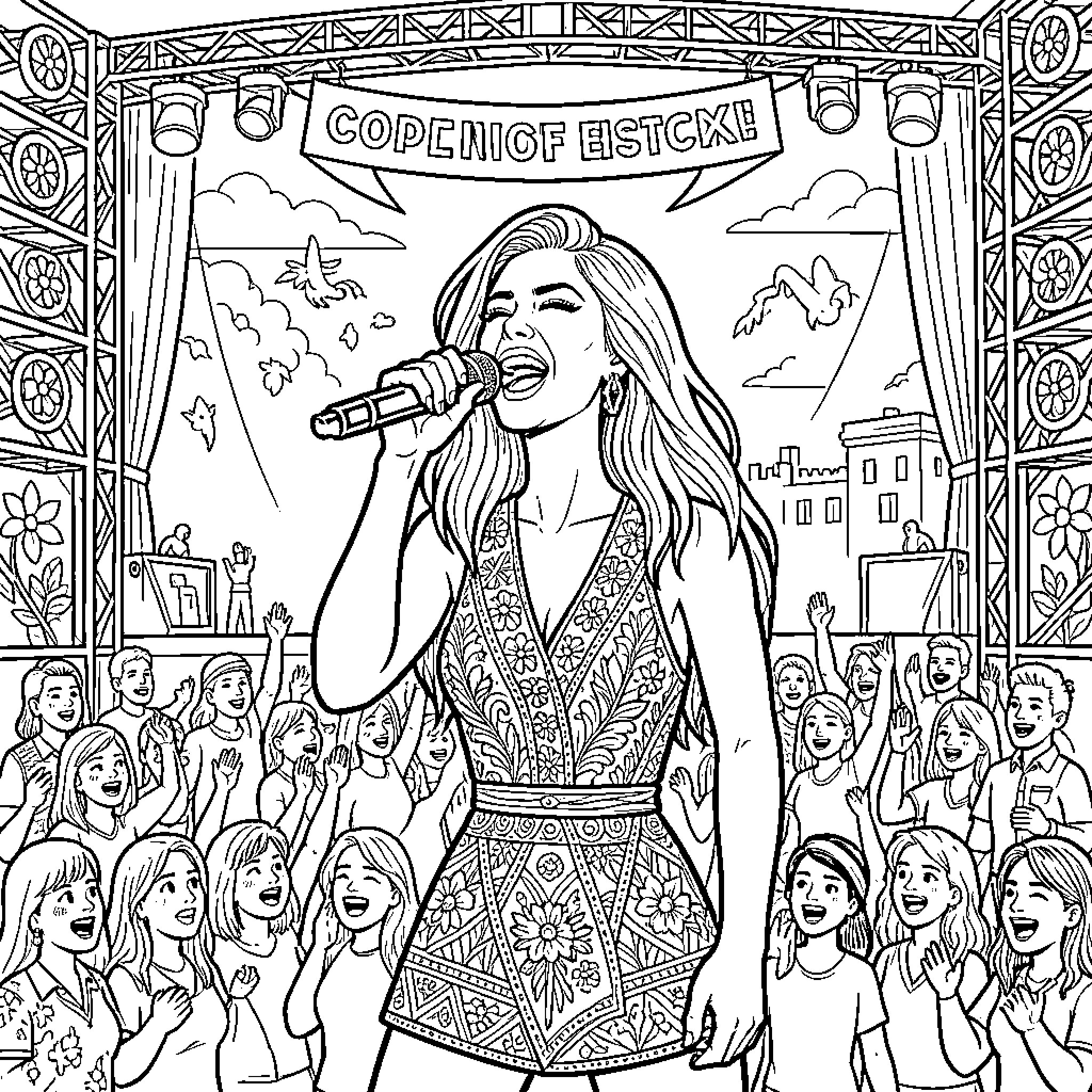 Lady Gaga Performing on Stage with Fans Coloring Page (free black-and-white line drawing printable PDF for all, from beginners to advanced learners, including children, teens, adults, and seniors)