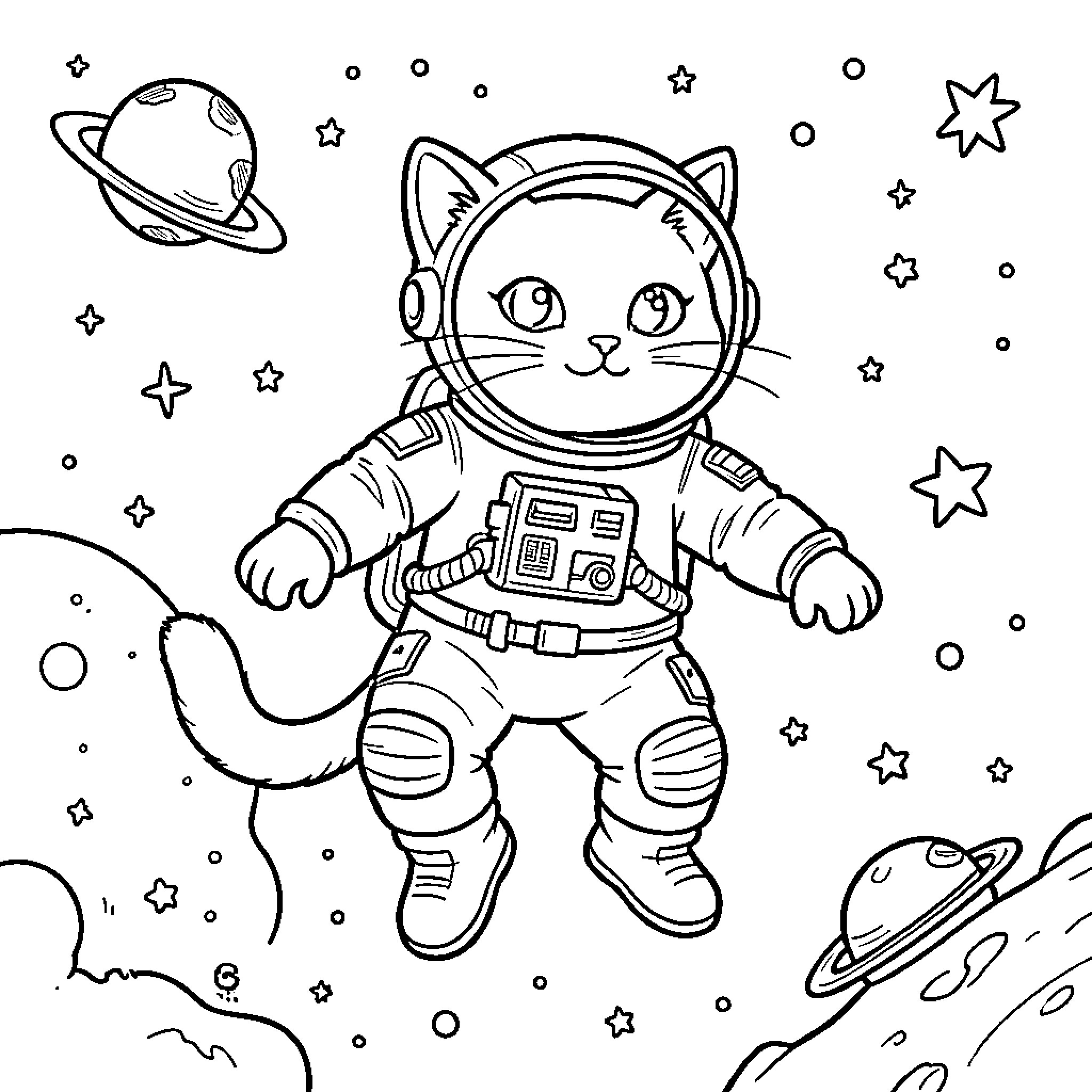 Astronaut Cat in Outer Space Adventure Coloring Page (free black-and-white line drawing printable PDF for all, from beginners to advanced learners, including children, teens, adults, and seniors)
