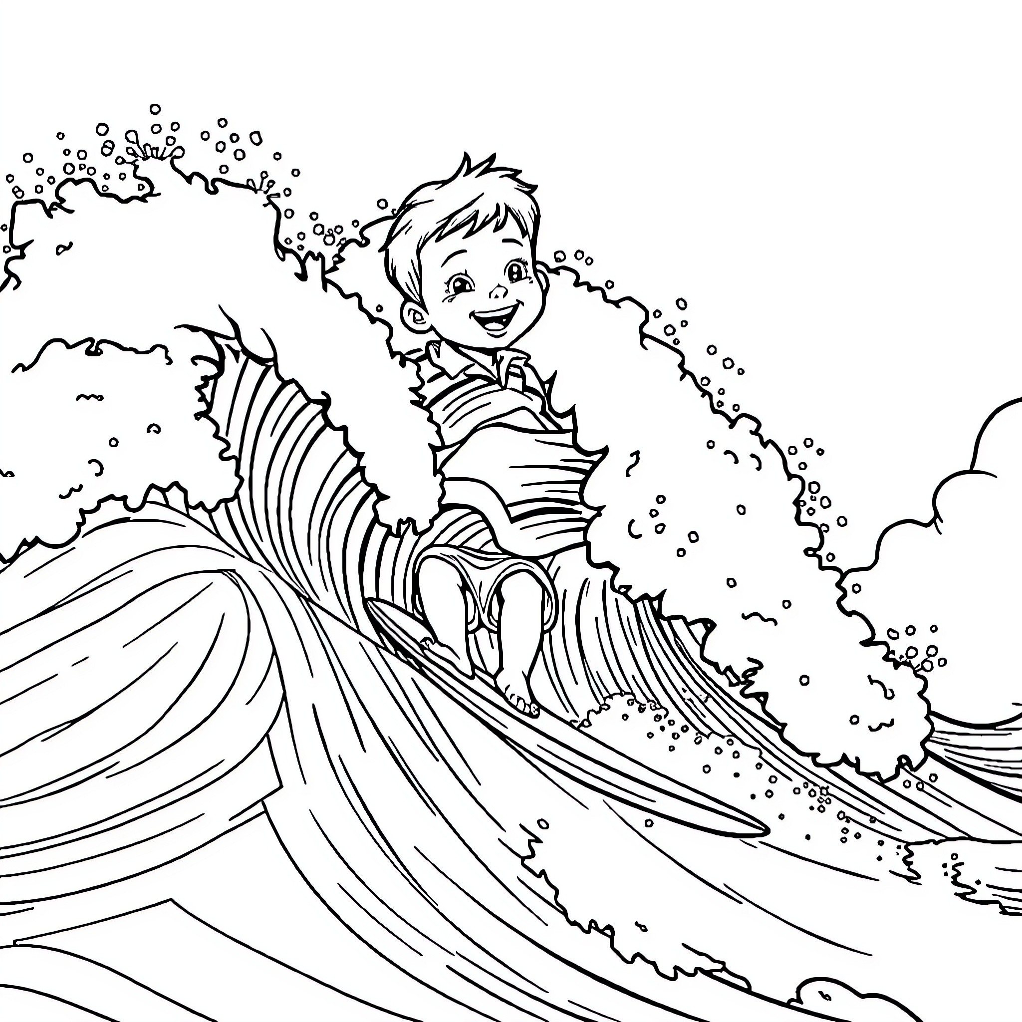 Baby Boy Surfing on Crashing Wave Coloring Page (free black-and-white line drawing printable PDF for all, from beginners to advanced learners, including children, teens, adults, and seniors)