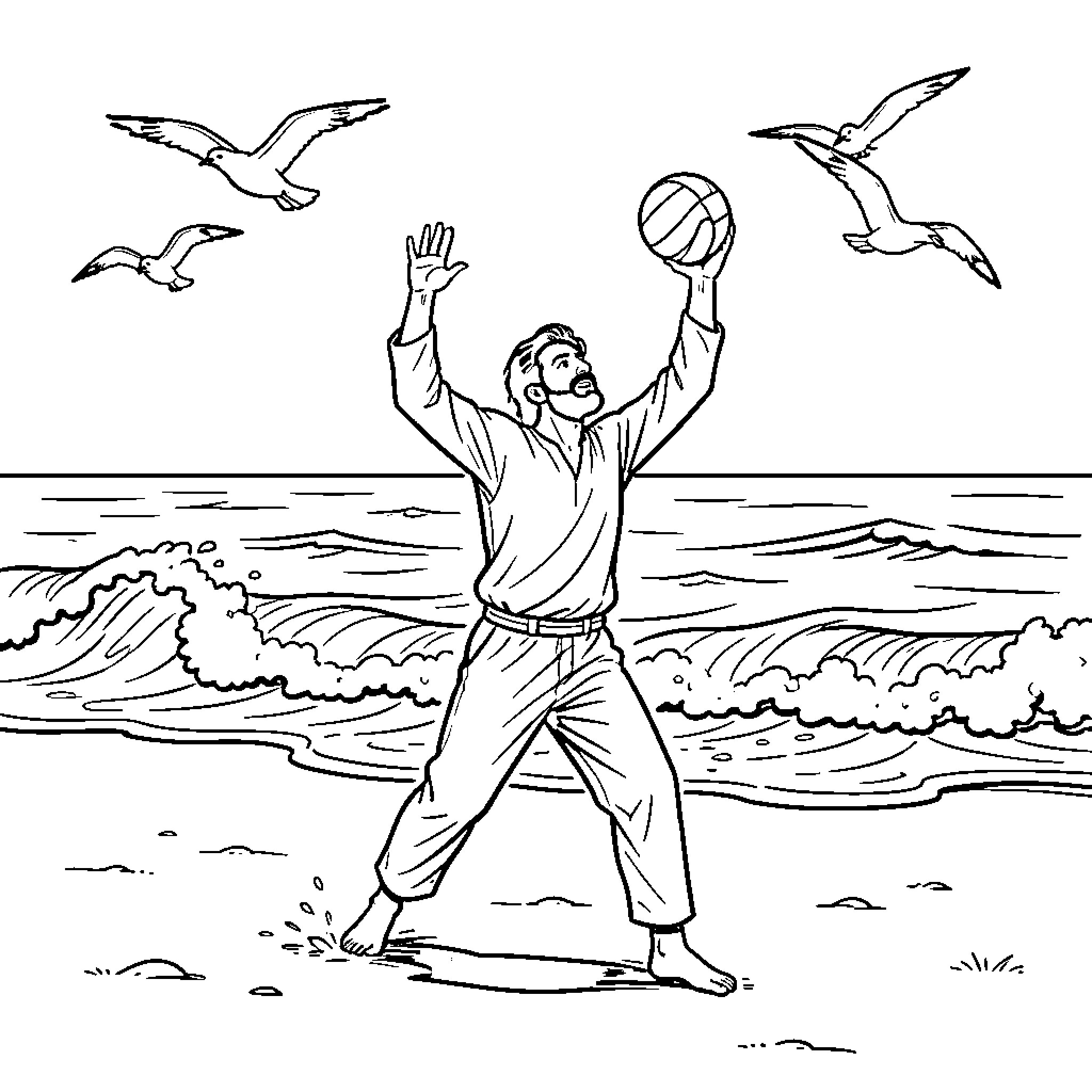 Rumi enjoying a beach volleyball game with seagulls Coloring Page (free black-and-white line drawing printable PDF for all, from beginners to advanced learners, including children, teens, adults, and seniors)
