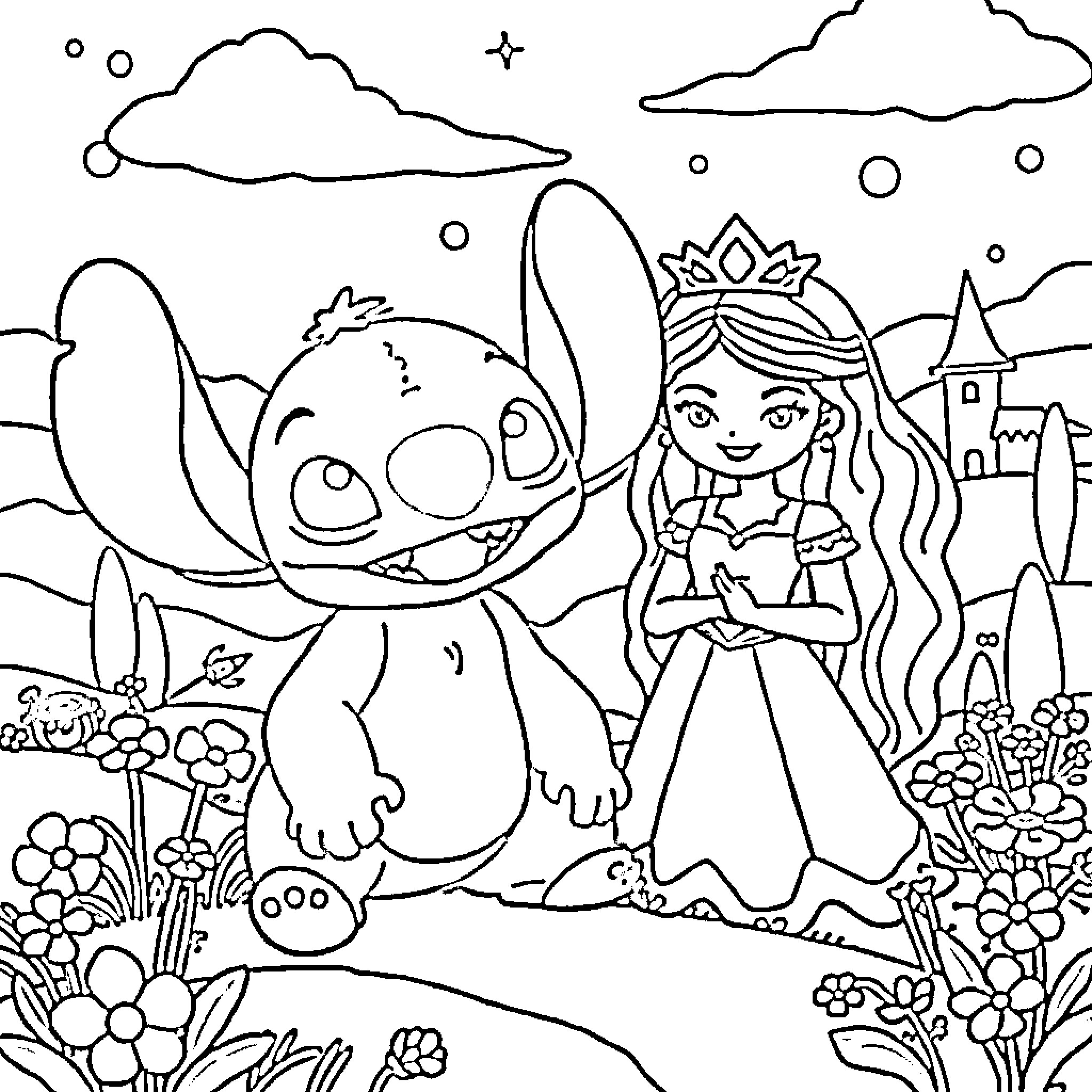 Stitch and the Princess in a Fantasy Landscape Coloring Page (free black-and-white line drawing printable PDF for all, from beginners to advanced learners, including children, teens, adults, and seniors)