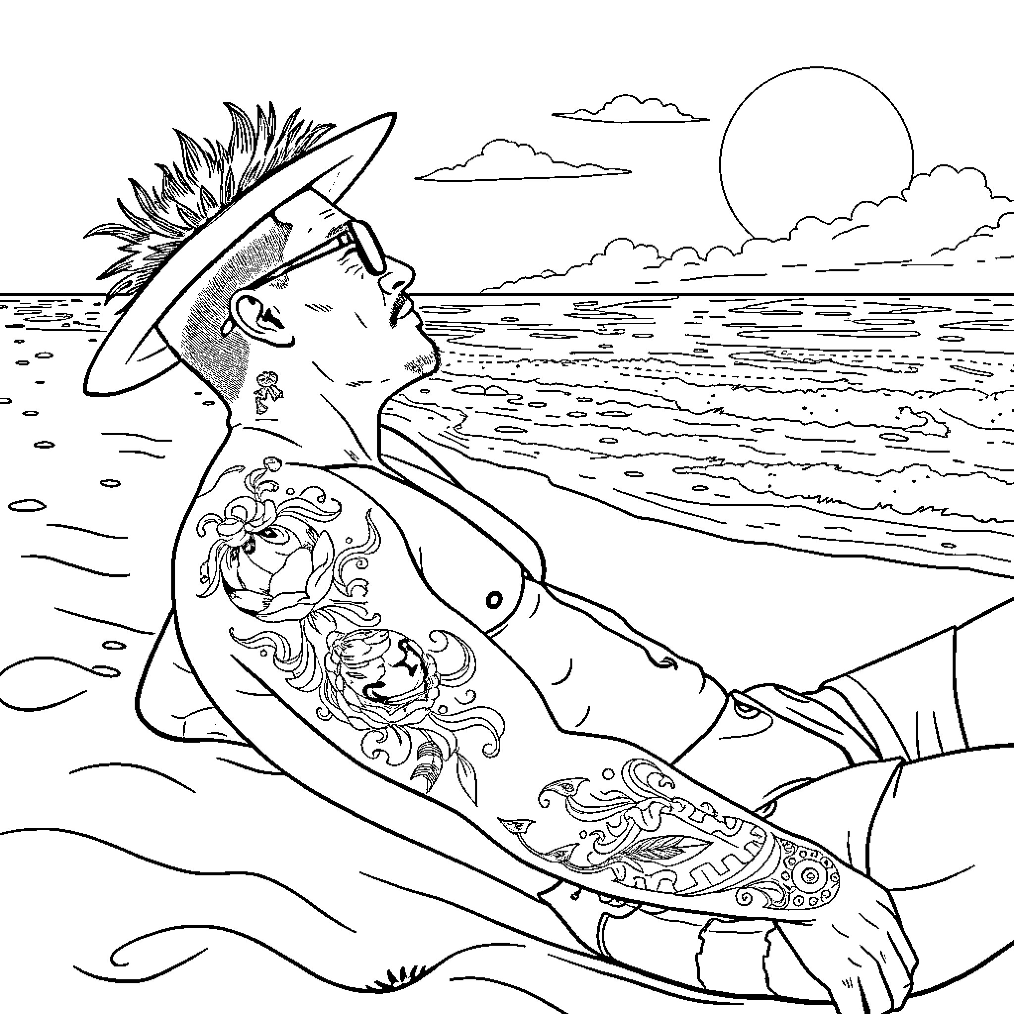 Mexican man relaxing on the beach with intricate tattoos Coloring Page (free black-and-white line drawing printable PDF for all, from beginners to advanced learners, including children, teens, adults, and seniors)