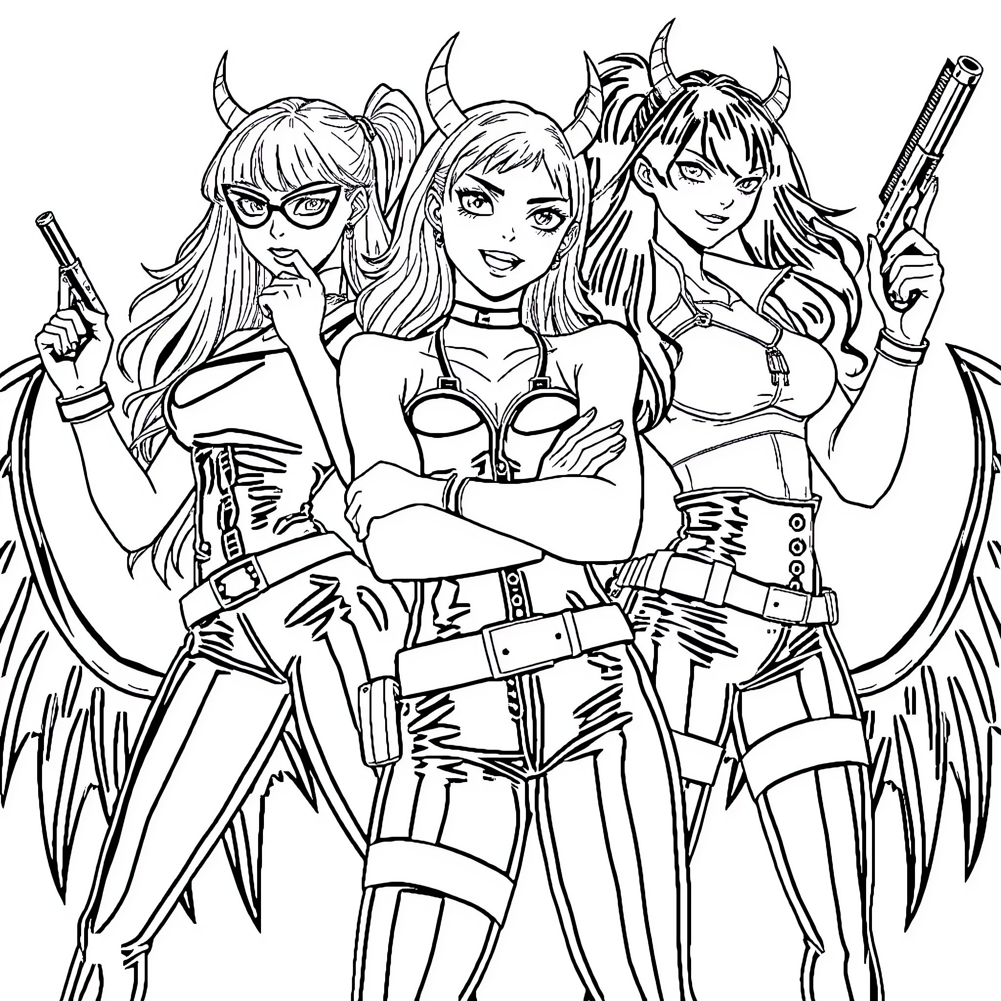 K-POP Demon Hunters Unleash Their Fearless Spirits Coloring Page (free black-and-white line drawing printable PDF for all, from beginners to advanced learners, including children, teens, adults, and seniors)